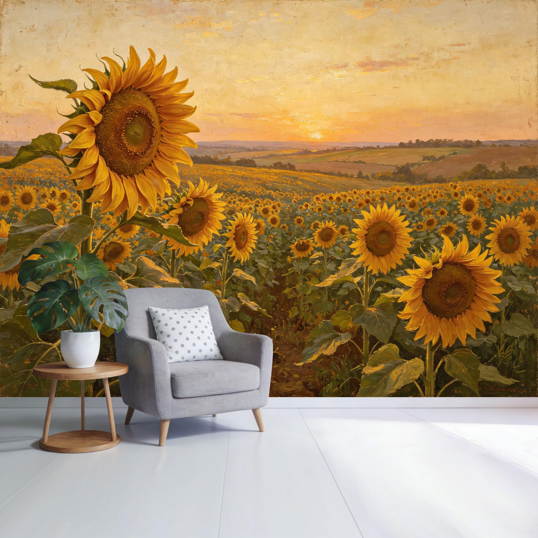 Custom Size Wall Mural Sunflower Field Sunset Landscape Botanical Oil Painting Style SelfAdhesive Wall Fabric Removable Wallpaper for Home Office Decor