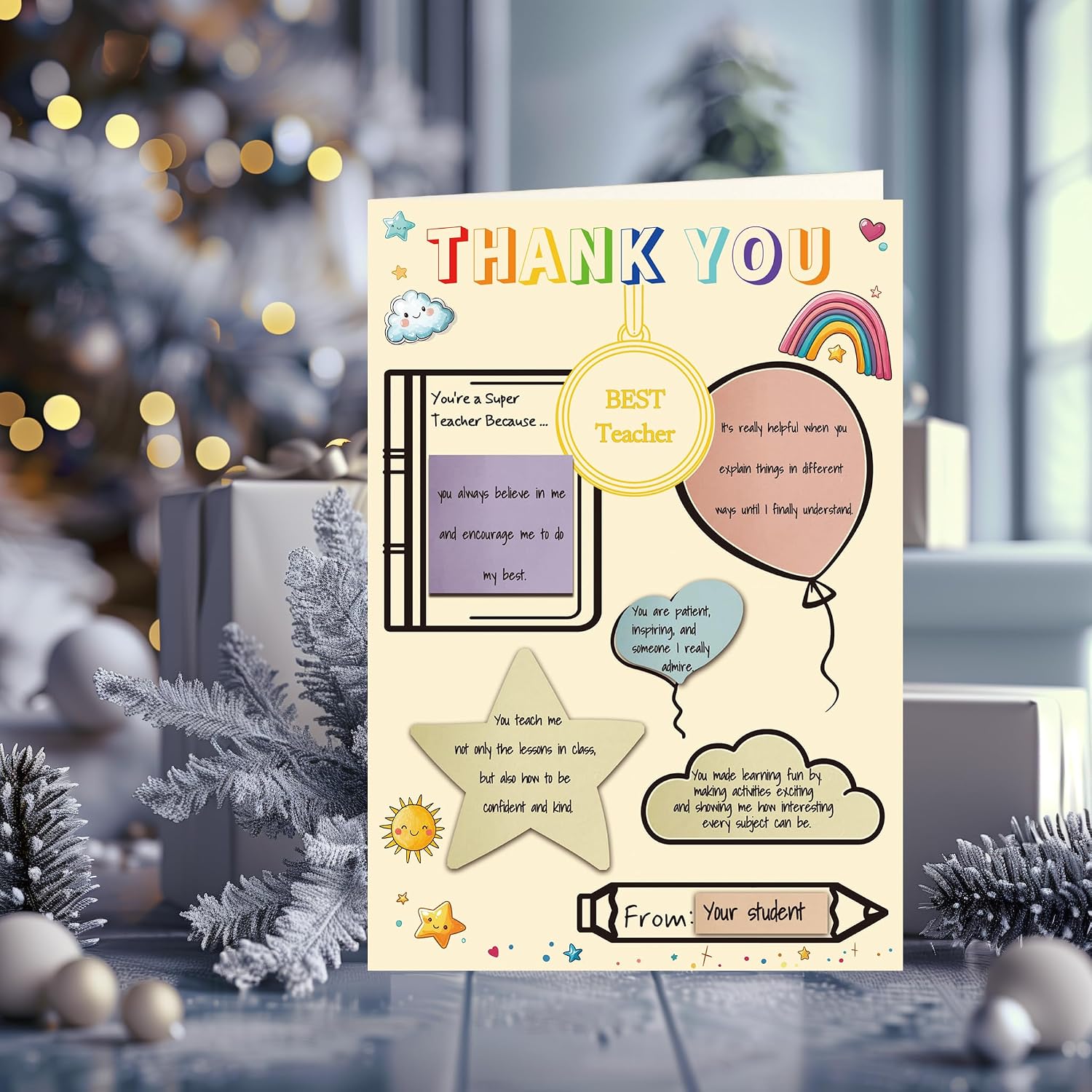 5-Pcs Teacher Thank You Cards – Fill-in-the-Blank Appreciation Cards with Gold Foil Medal – Fun & Colorful Design – Perfect for Preschool, Kindergarten & Elementary image 5