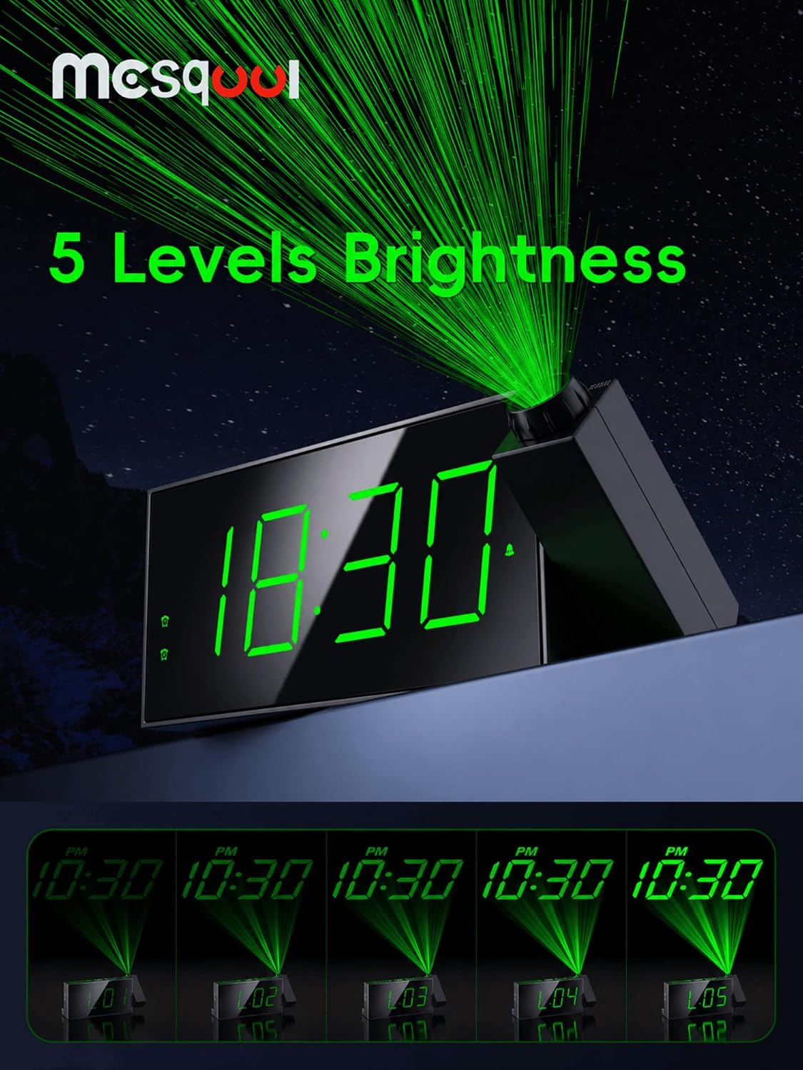 Mesqool Digital Projection Alarm Clock with Dual Alarms, 5 Levels Dimmer