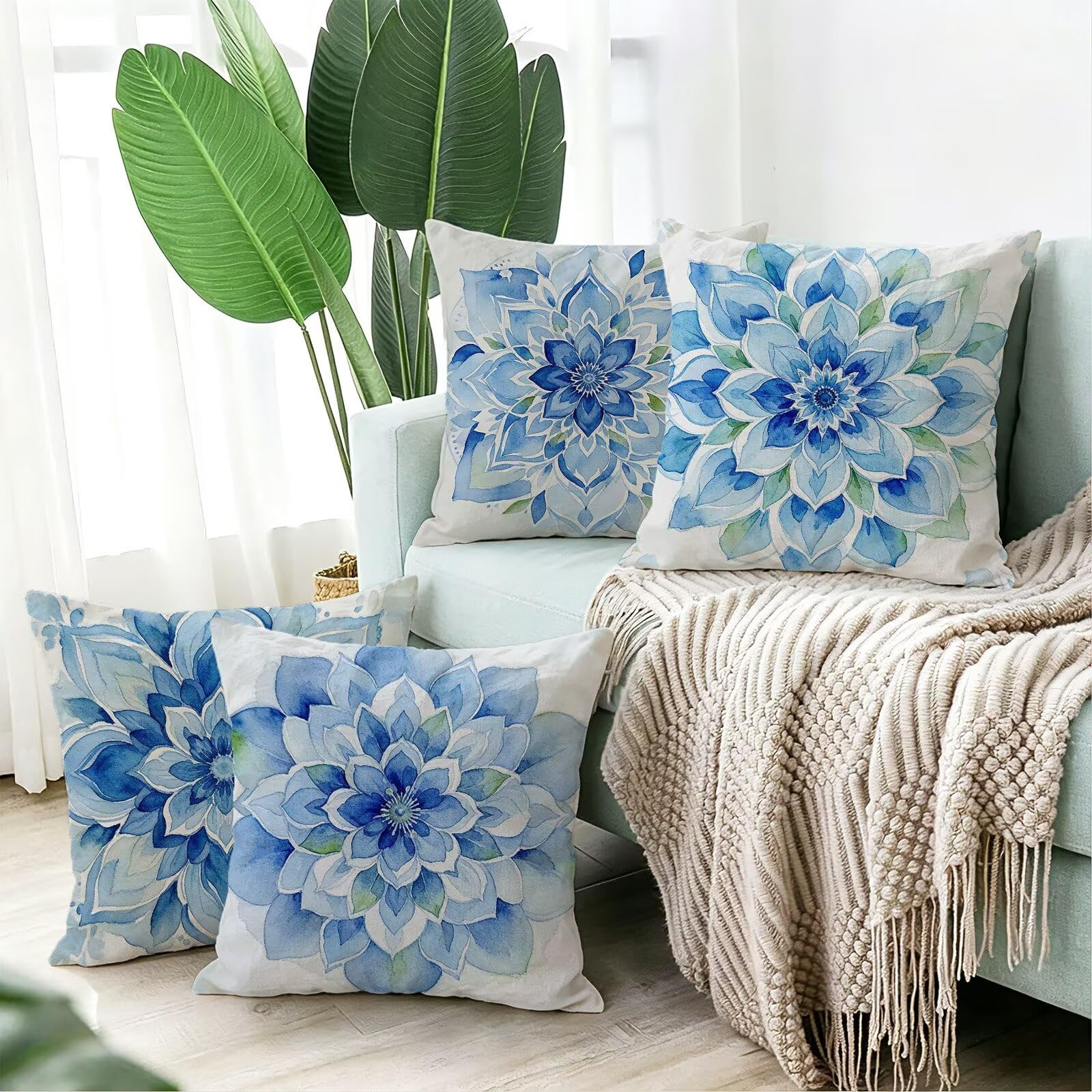 Blu Federe Cuscini Divano 40x40cm, Cuscini da Esterno Set de 4, Cod-145 | Velour Copricuscini Decorativi Letto Arredo, per Letto, Soggiorno, Giardino, Esterno, Casa Decorazione Set di 4 Mandala