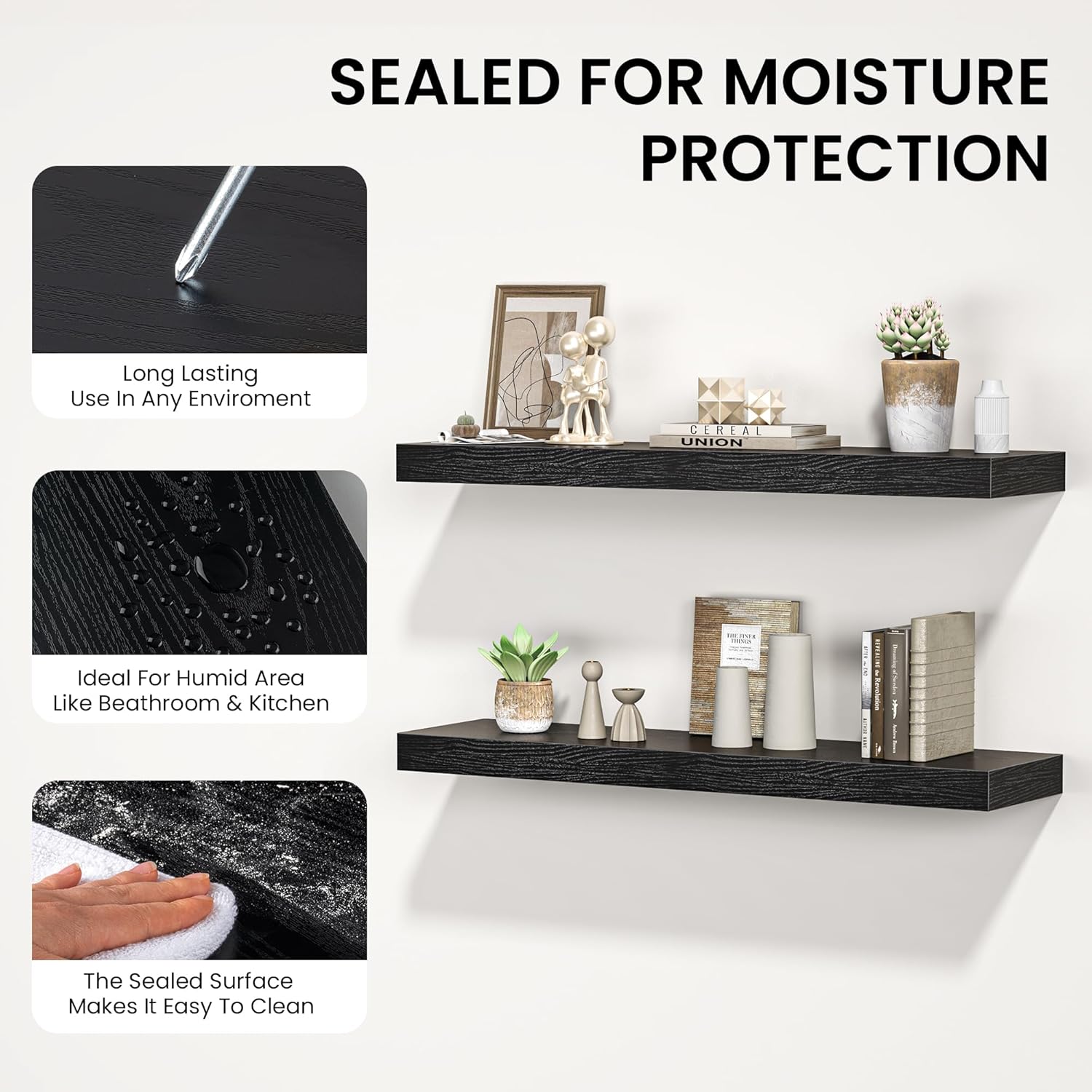 FLYJOE Floating Shelves for Wall, 72"W x 9.3"D x 1.5"H, Long Wooden Wall Mounted Display Shelves with Invisible Brackets for Living Room, Bedroom, Bathroom, Kitchen Decor and Storage, Set of 1, Black