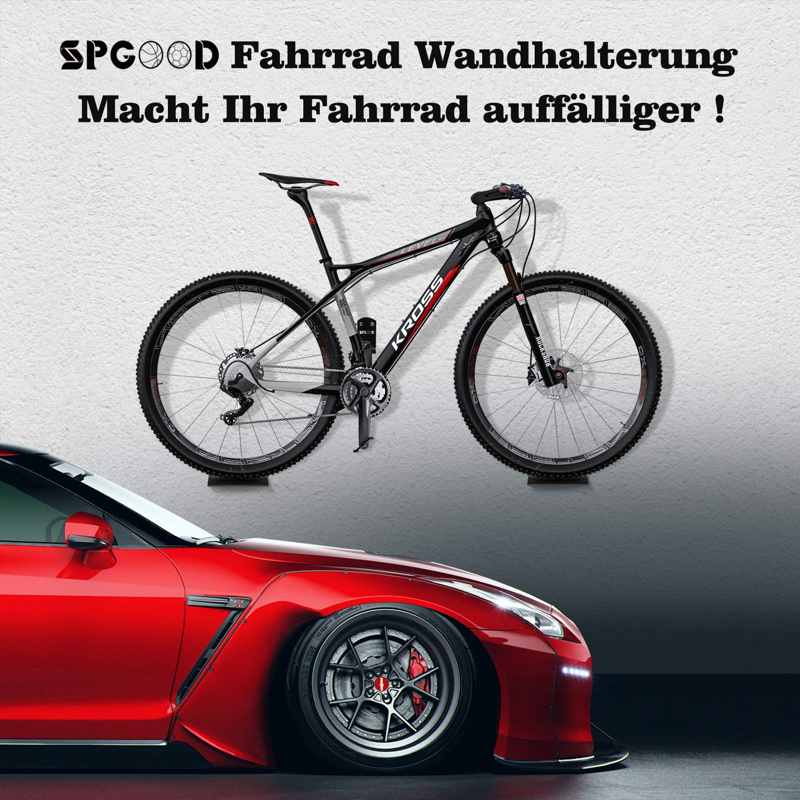 SPGOOD Support Mural Vélo 3 en 1, Charge 32 Kg pour Vélos Électrique(1PCS) | avec 2 Équerres, 2 Coussinets de Protection, Suspension Pédale pour VTT, Vélos Électriques Et Vélo de Course