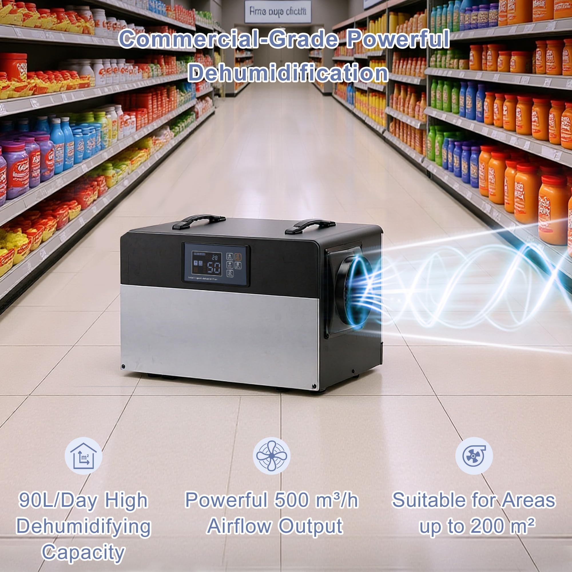 Deumidificatore Industriale Professionale Intelligente: 90L/Giorno Scarico Continuo Antimuffa per Grandi Ambienti fino a 200㎡Portatile per Casa Stanza Hotel Magazzini Cantine Garage