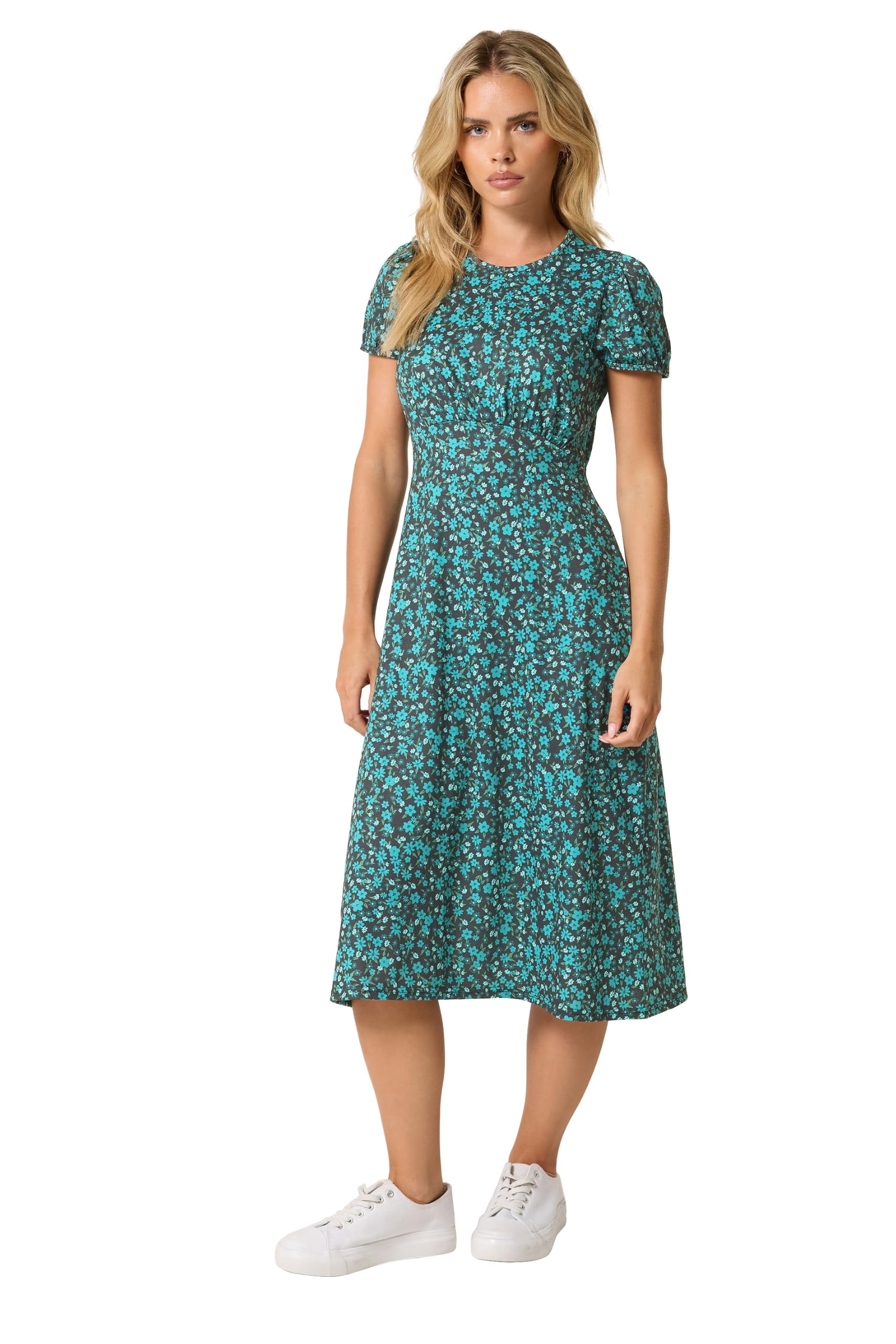 M&Co Women's Petite Ditsy Floral Midi Dress in Green | Size: 12