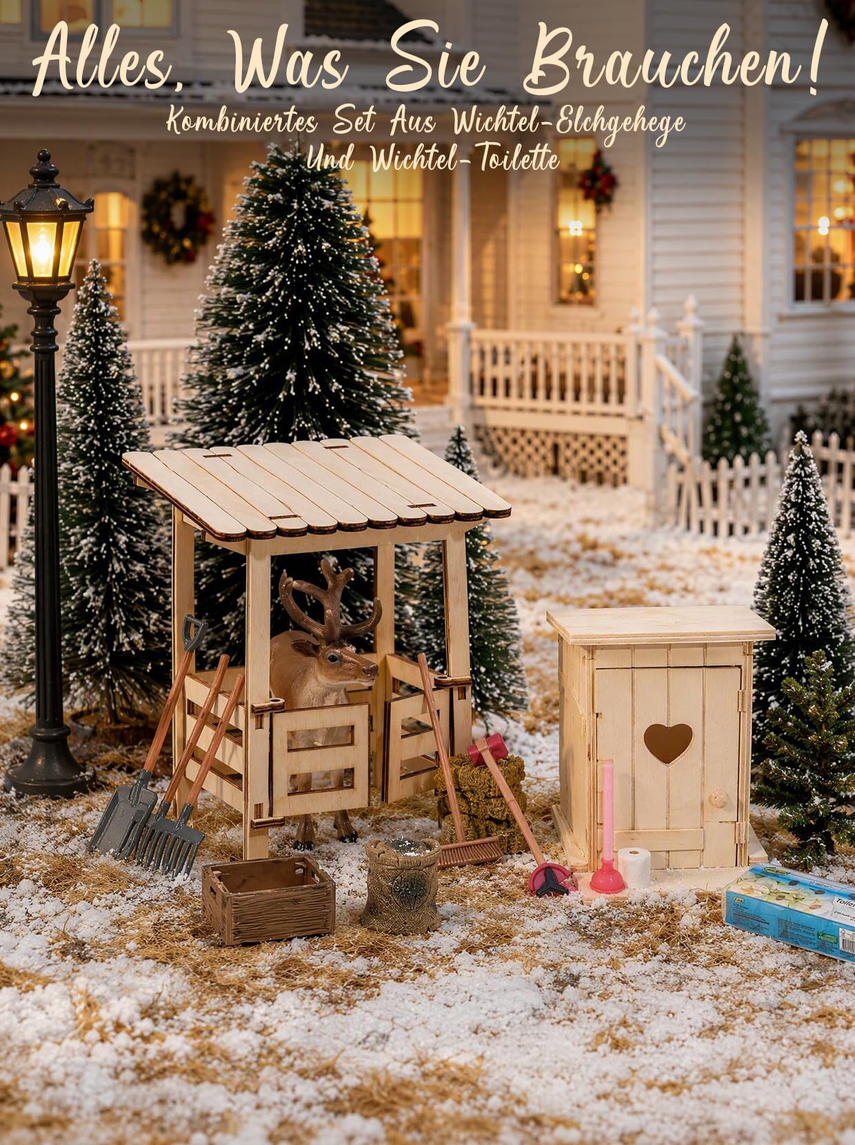Juego de 20 accesorios en miniatura para puerta de amigo invisible, con establo de renos, inodoro de amigo invisible, abetos y nieve artificial, listo para escena navideña, apto para cualquier puerta