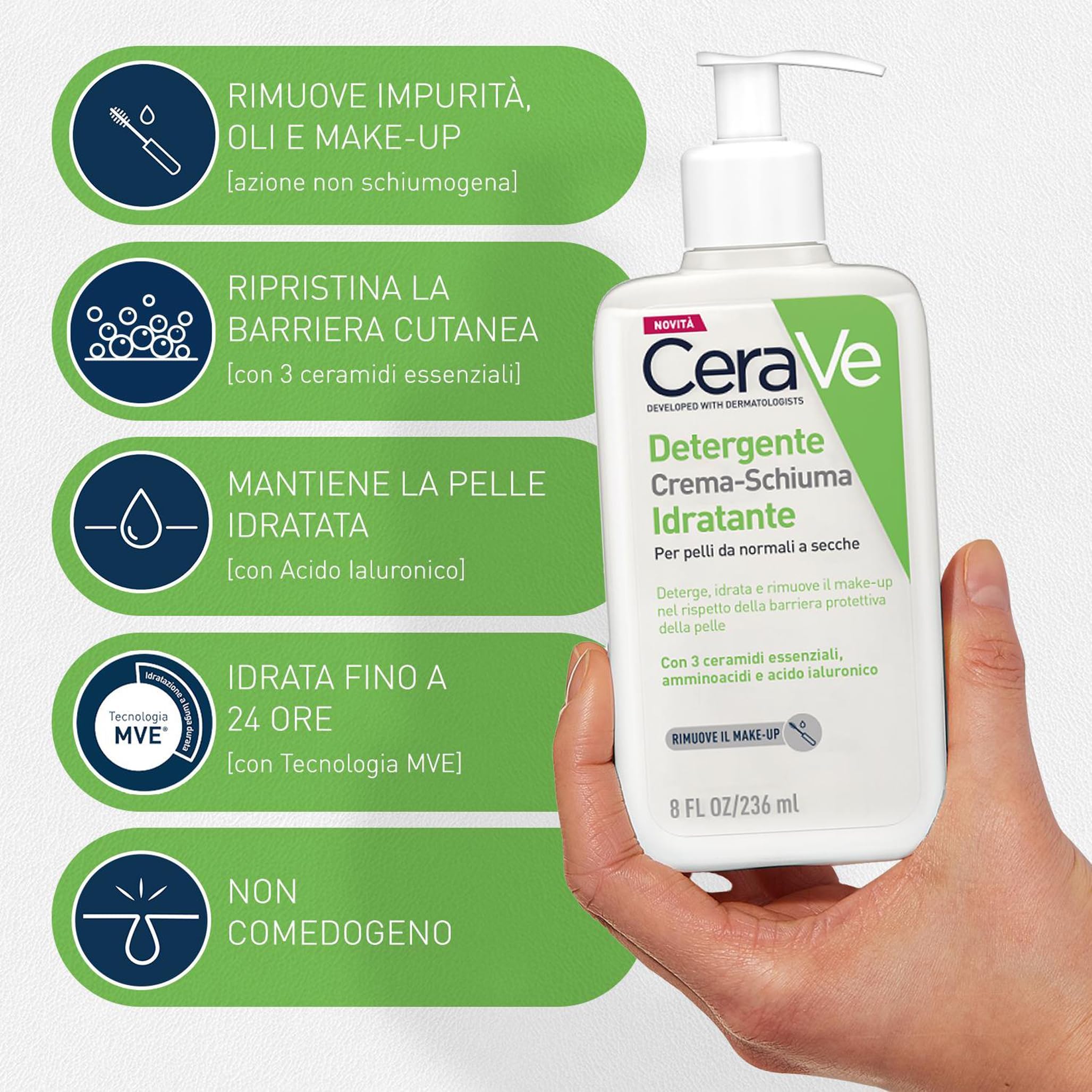 CeraVe Kit Skincare Viso Detergente Schiuma, Per Pelli da Normali a Secche, Con 3 Ceramidi, 236 ml + Crema Idratante SPF 30, 52 ml