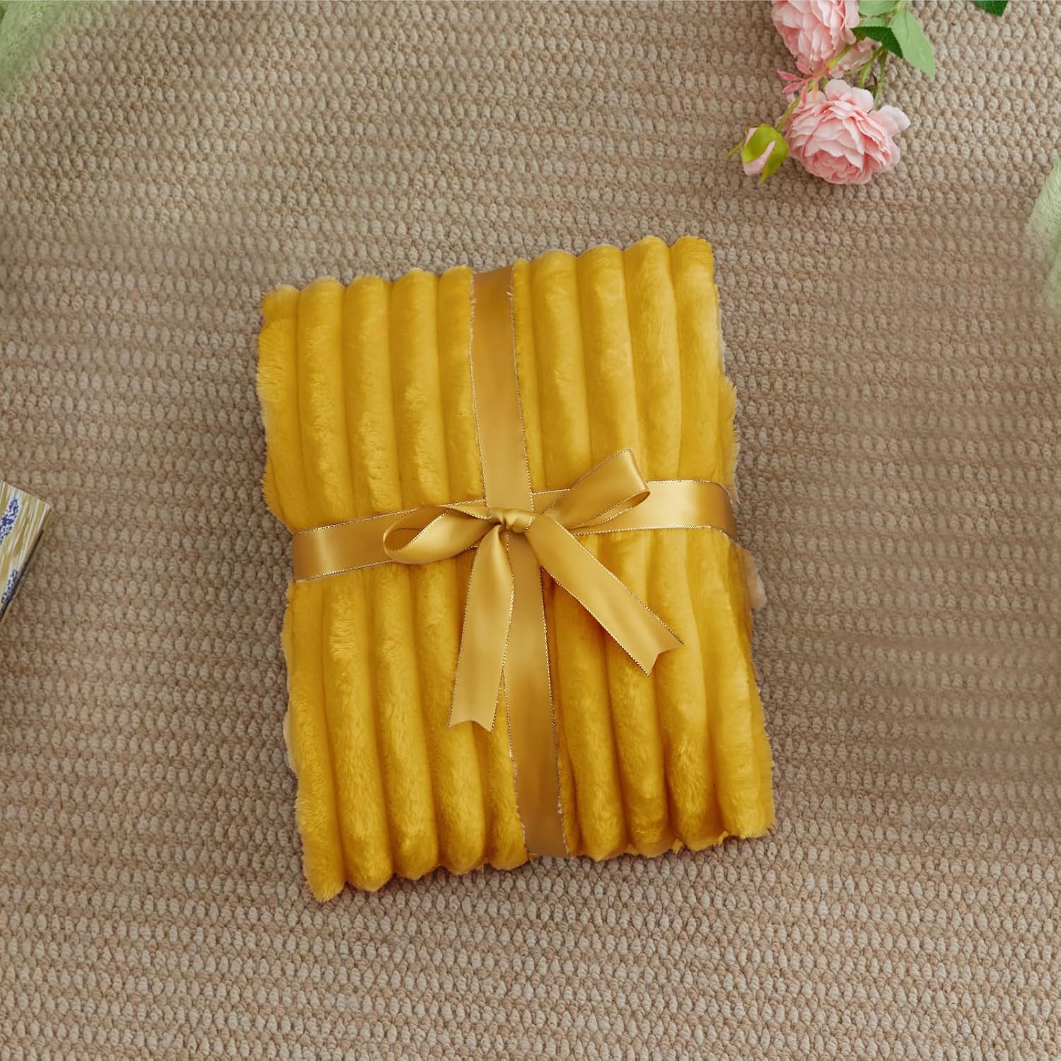 BEDELITE Fleece Throw Blanket for Couch - 300GSM Soft & Warm Fluffy Mustard Yellow Blanket, Decorative and Giftable Striped Blankets for Women, Men, 50"x60" - Image 7