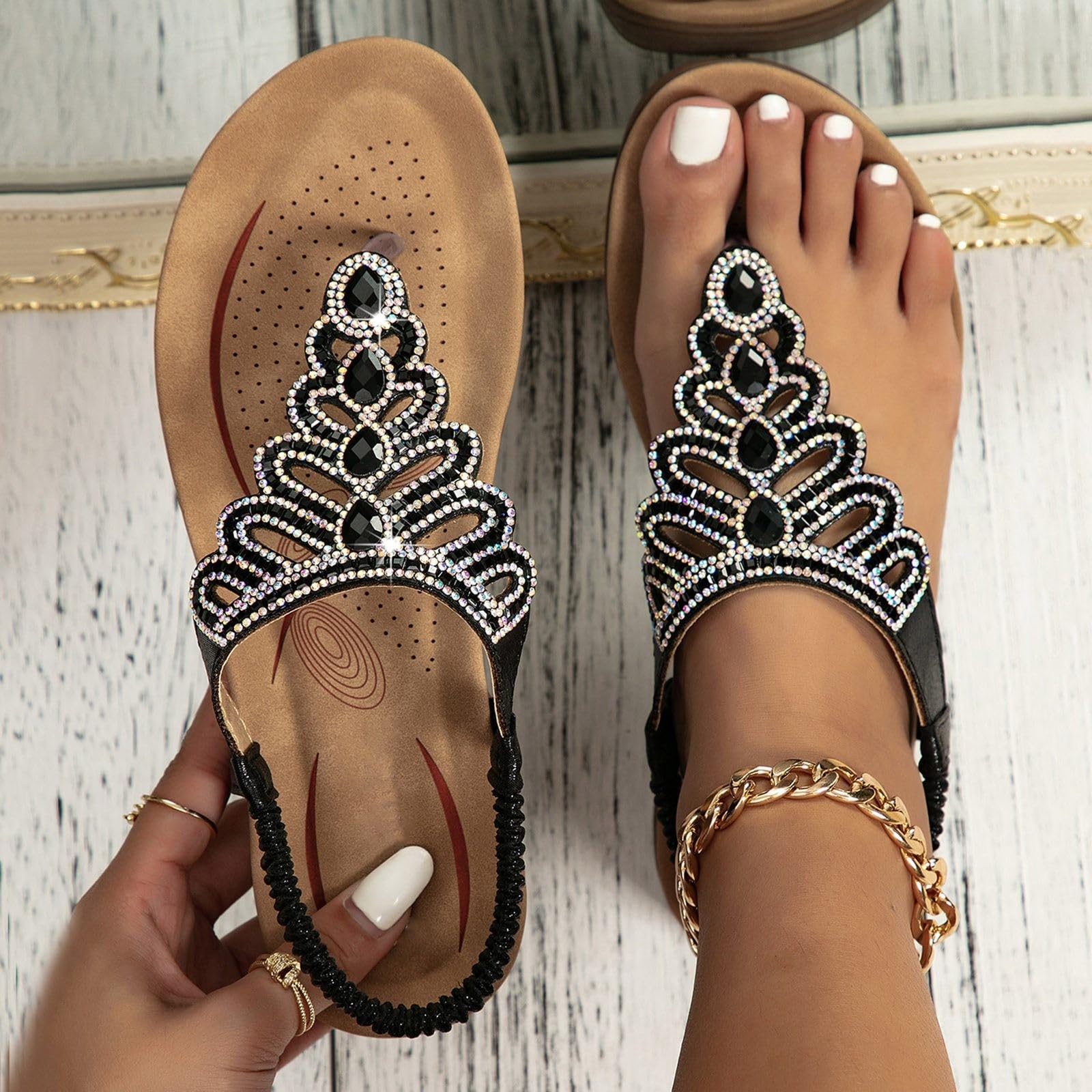 Sandales Femme Été Confortable Bohême Sandale Orthopédique Élégantes Bout Ouvert Pied Large H-Strap Bride Élastique Sangle Strass Chaussure Léger Avec Support Plates De Plage Casual Chaussures 35-46