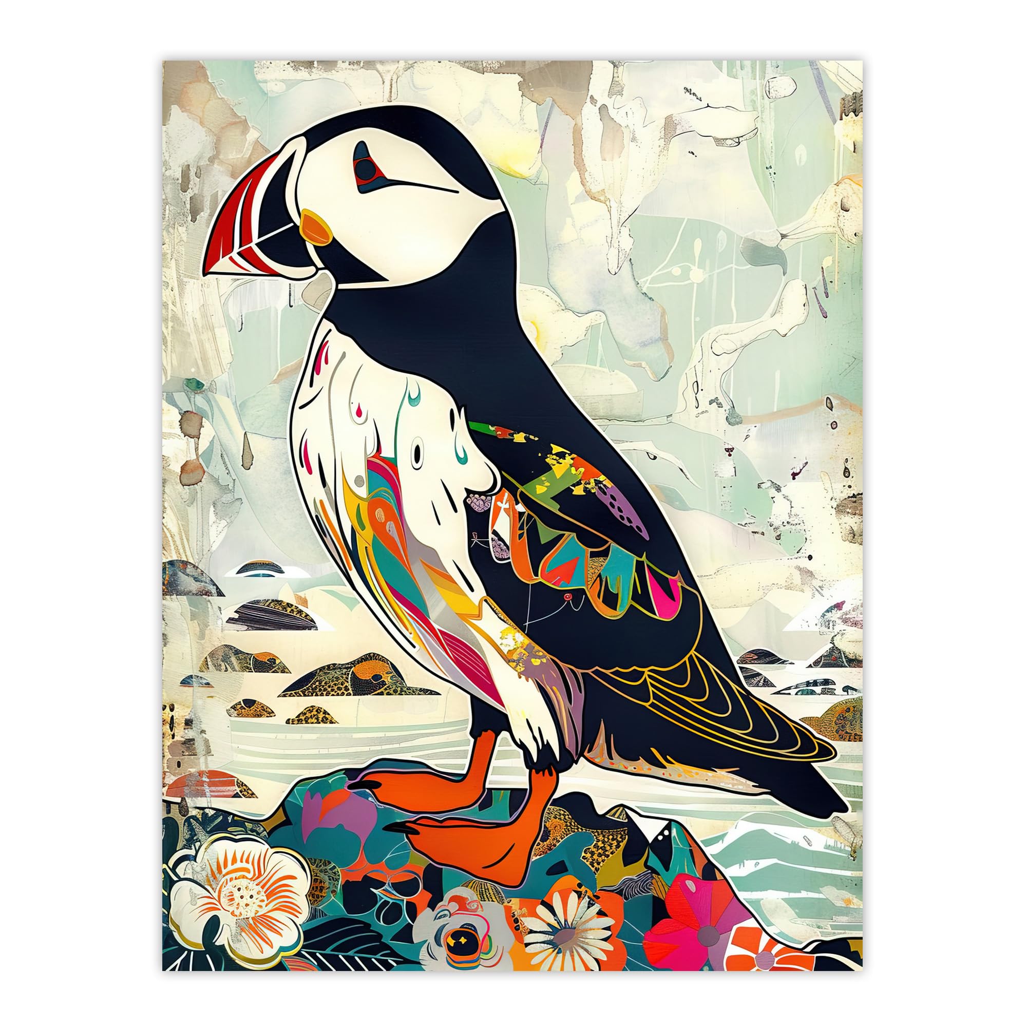 Artery8 Colourful Patterned Puffin Artwork Mosaic Floral Living Room Large Wall Art Poster Print Thick Paper 18X24 Inch