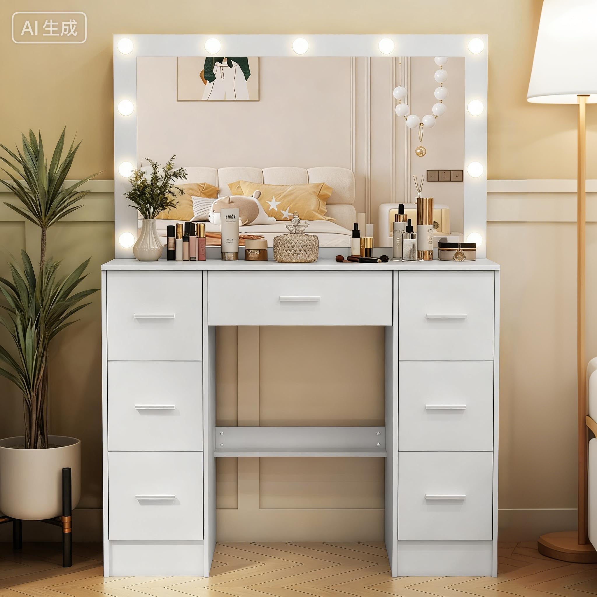 Vanity Desk with Mirror,LED Lights,Makeup Vanity Table with 7 Drawers and 6 Storage Shelves White Vanity for Bedroom Dressing Room,39.5"*15.8"*55.2"