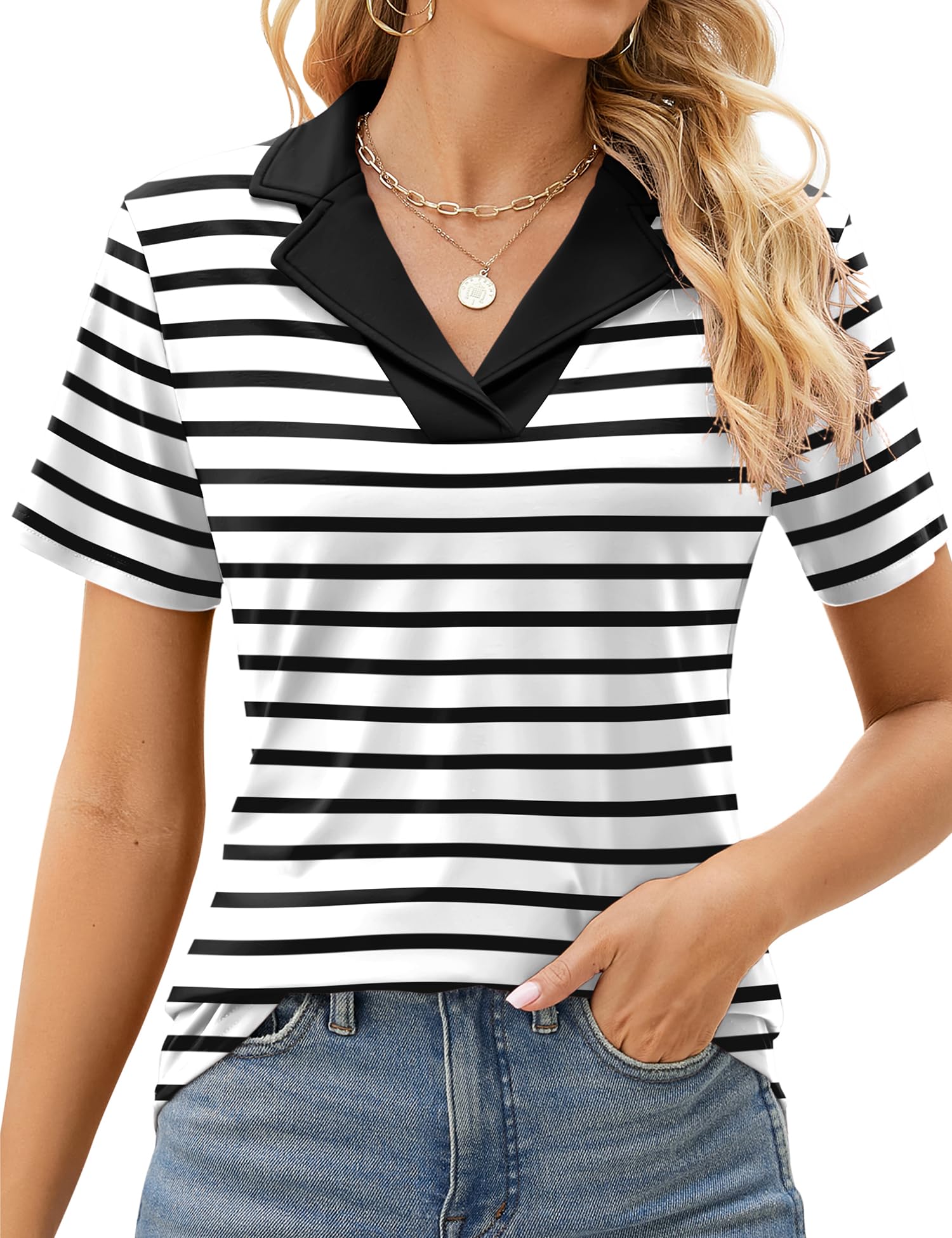 Rapbin Women's Polo Shirts Lapel Collar V Neck Short Sleeve Blouse Dressy Casual Tunic Tops
