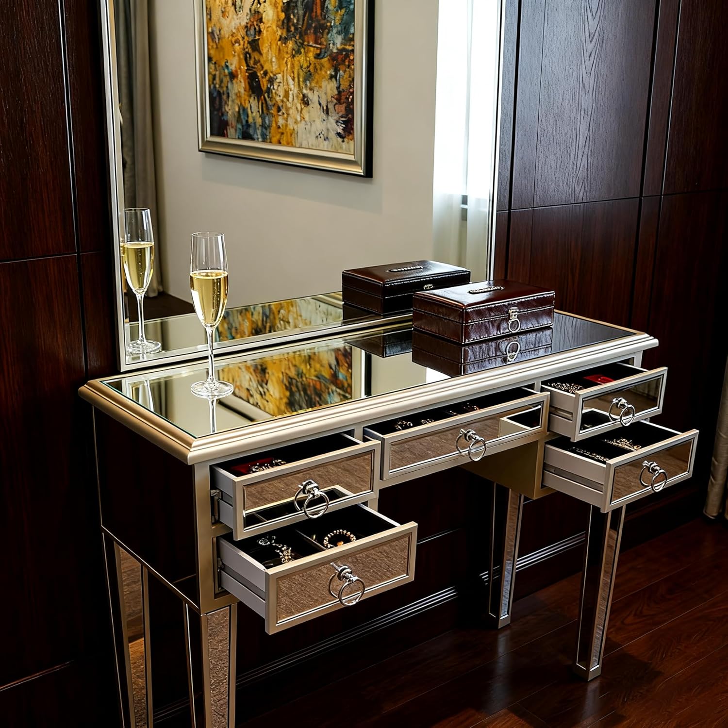 Mirrored Glass Bedside Table with Drawers for Bedroom Mirrored Vanity Desk for Home Office Writing Desk (5 Drawers - 42x15x31)
