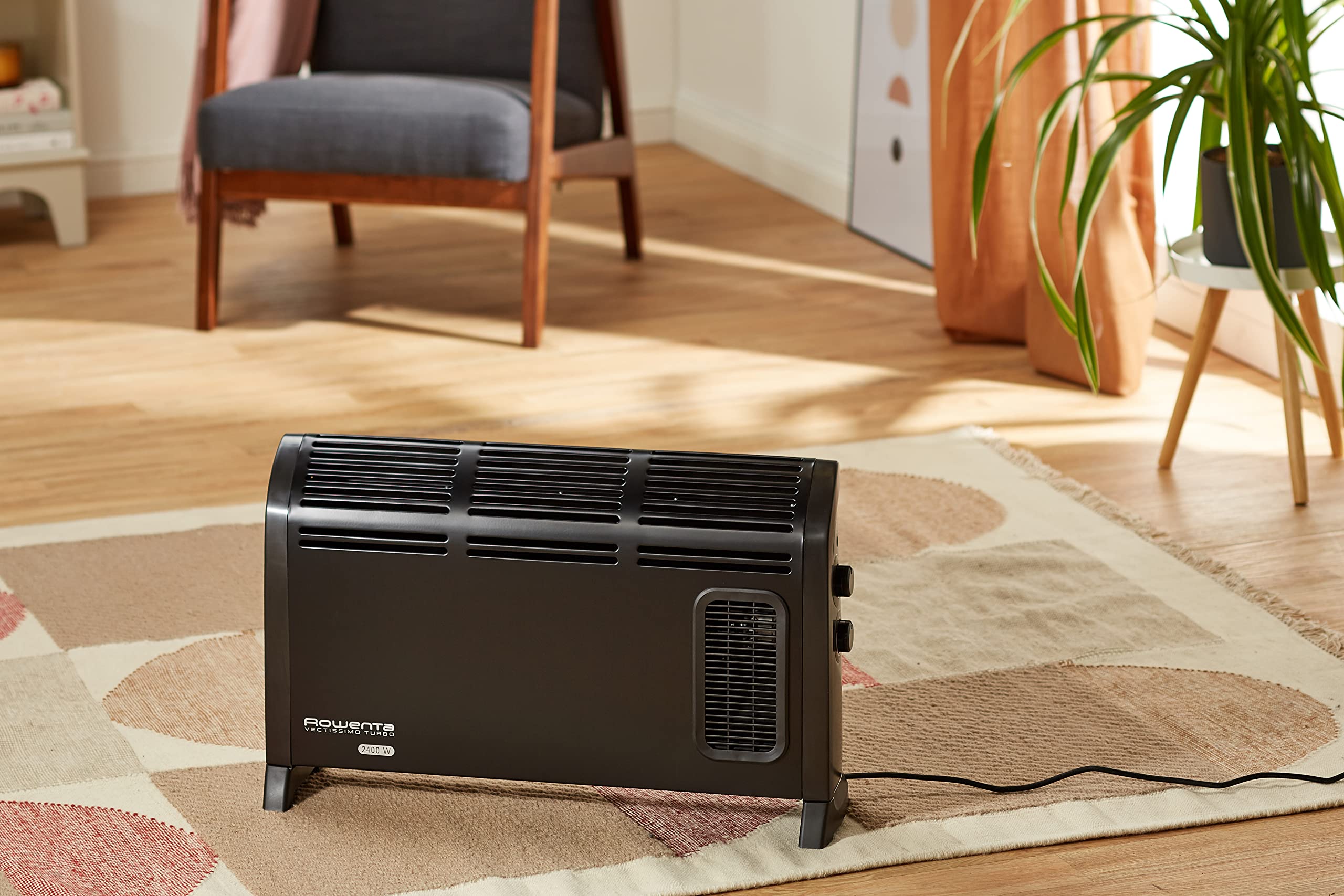 Rowenta Vectissimo Convecteur ventilateur électrique 1200/2400 W pour intérieur jusqu’à 25 m², Thermostat mécanique antigel, Grilles larges, Mode Turbo, Poignée ergonomique, CO3035
