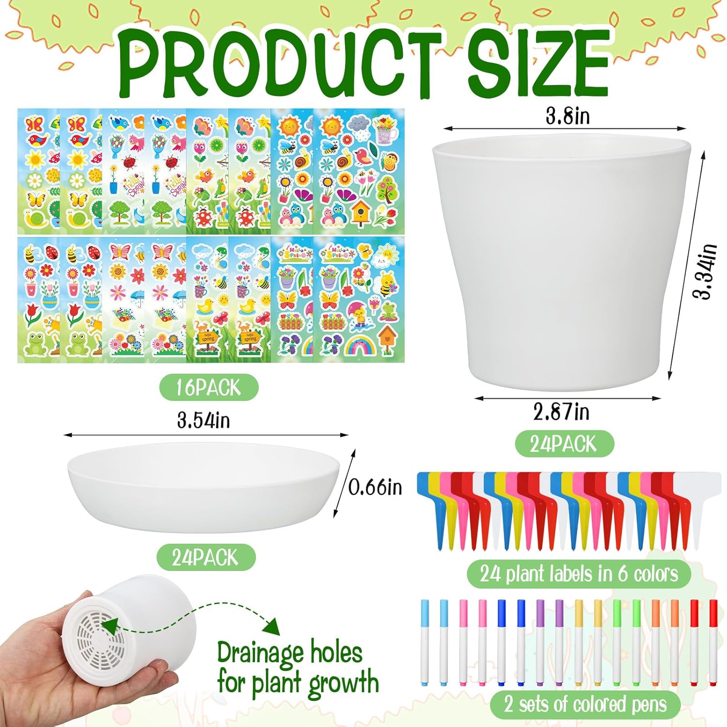 CIEOVO Garden Flower Pot Craft Kit, 24 Paintable Durable Resin Garden Pot with Tray Drainage Holes Adhesive Stickers and Plant Labels, Flower Plant Craft for Classroom Home DIY Flower Planting