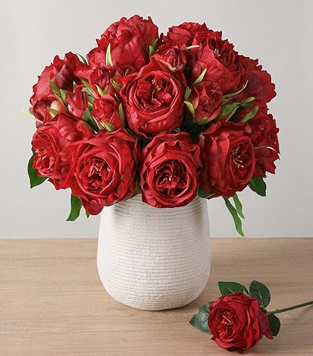 florisso Bright Red Austin Rose Faux Flowers - 13 Branches