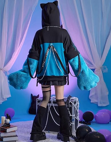 Miniatura 5 de Cosplay.fm Sudadera con capucha para mujer con diseño de bolsa desmontable, guantes peludos con diseño de pata de gato Kawaii estilo gato sudadera