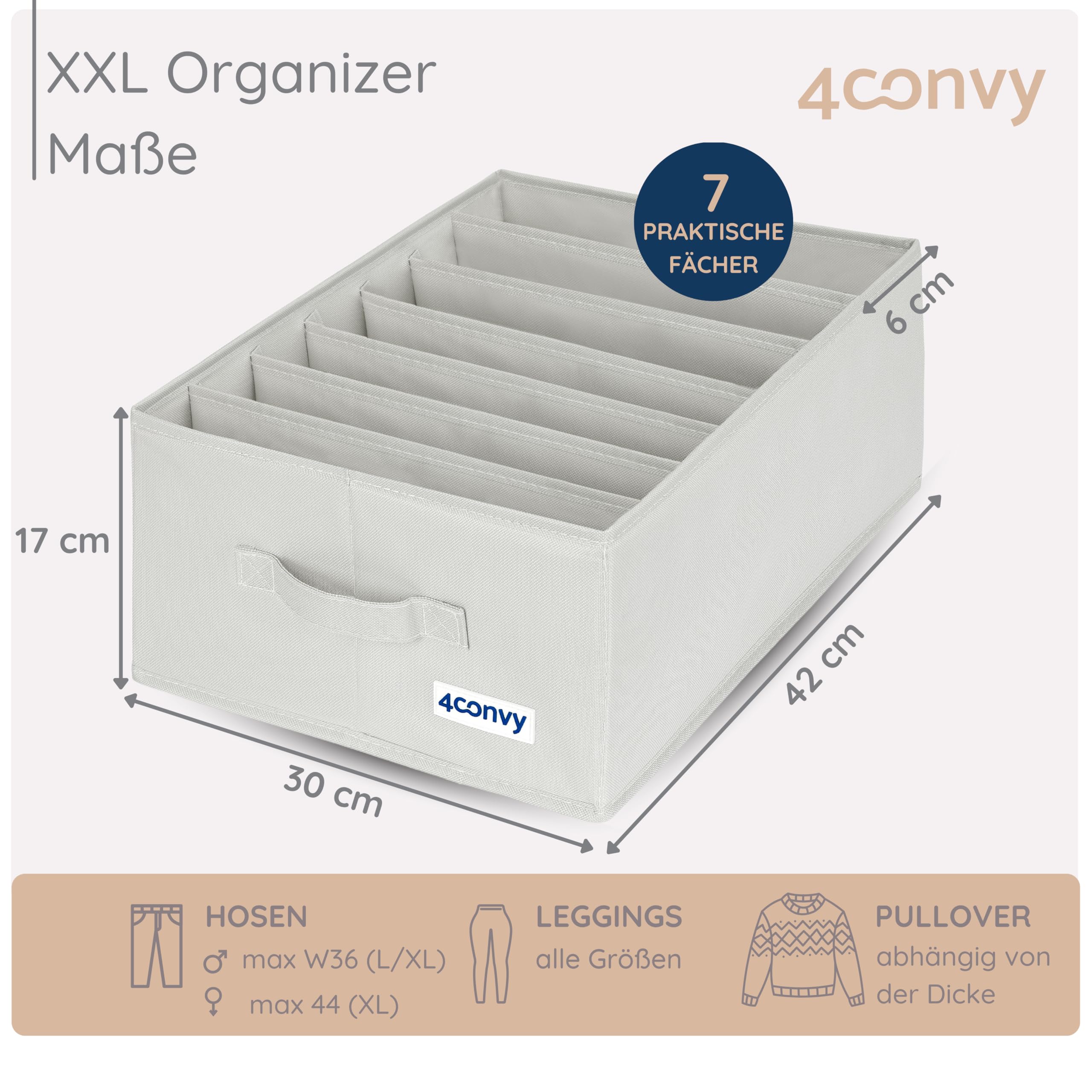 4CONVY Hosen Organizer Kleiderschrank XXL - Schrankorganizer - Schubladen Organizer - Aufbewahrungsboxen mit 7 Fächern - faltbares Ordnungssystem zur Aufbewahrung im Kleiderschrank - 4 Stück