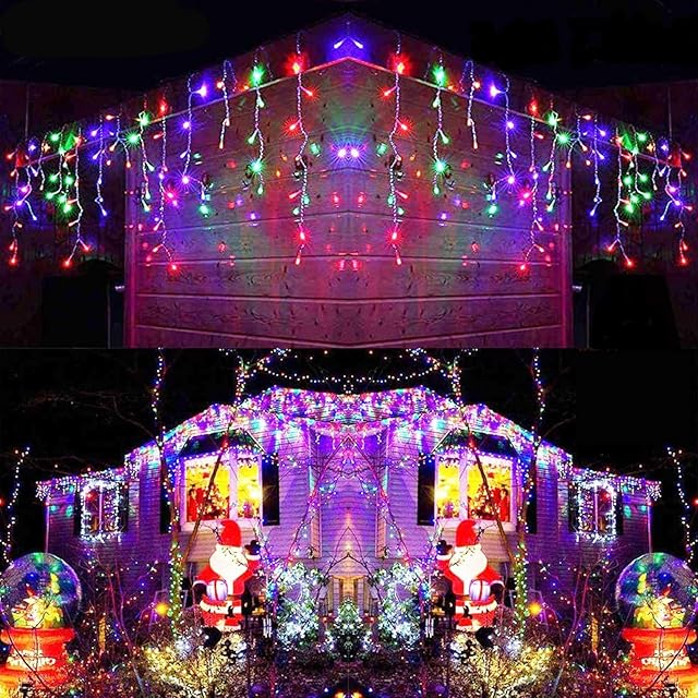 Icicle Outdoor Christmas Lights 9M/29ft, 360 LED Christmas Icicle Lights Mains Powered, Multicoloured Christmas Fairy Lights with Timer, 8 Modes, Icicle Lights for Roof, Eaves, Window (Clear Cable)