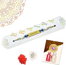 FOTO VALE GIFTS Personalized Evil Eye Rakhi with Roli & Chawal, Rakhi with Customize Name on Metal, Handcrafted Brass Raksha Bandhan Bracelet,
