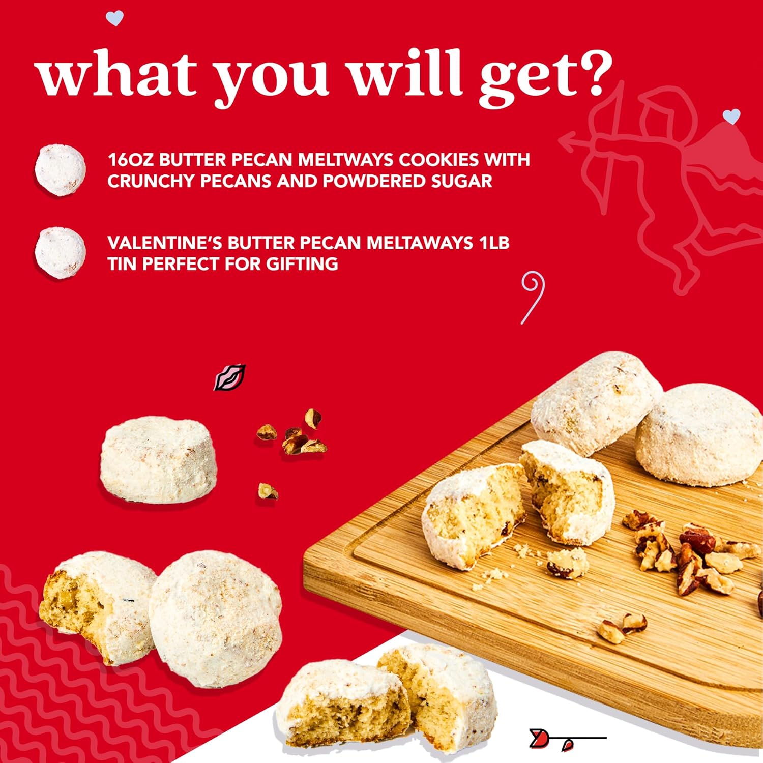 David’s Cookies Butter Pecan Meltaway Cookies 1lb – Crunchy Pecans and Powdered Sugar – Premium Fresh Ingredients – Comes with a Love-Themed Gift Box