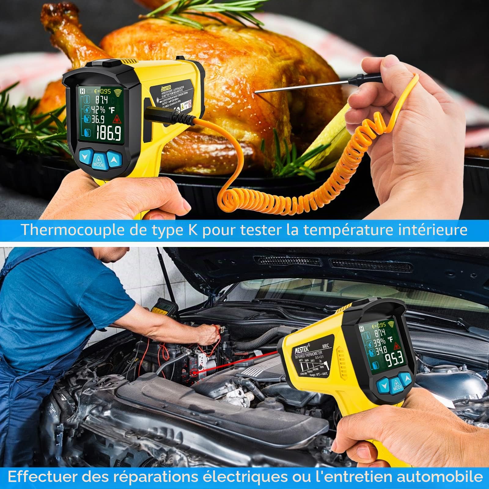 Thermomètre Infrarouge Laser MESTEK et Sonde Pistolet IR Temperature Sans Contact LCD -50°C~800°C Réglable Alarme d'émissivité Point de Rosée Cuisine Barbecue Congélateur Aliments industriel