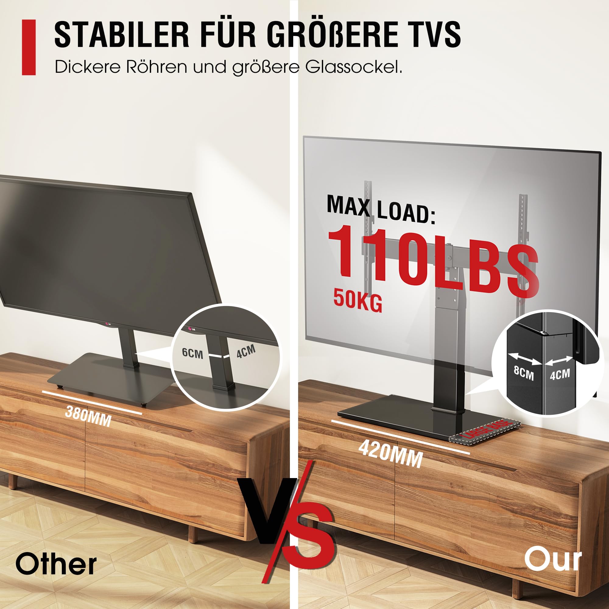 AOKCOS TV Standfuss TV Ständer Schwenkbar Höhenverstellbar für 32-75 Zoll Fernseher bis zu 50 KG, Höher 834mm Universal TV Standfüße Fernsehständer Max VESA 600x400 mm