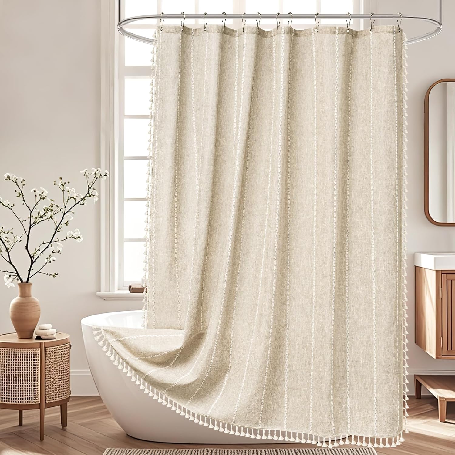 Seenus Boho Farmhouse Linen Shower Curtain with Tassels, Heavyweight Soft Fabric Shower Curtain Beige Water Repellent, 72 x 72 Inch Cream Elegant Bathroom Decor Shower Curtains Cotton Striped