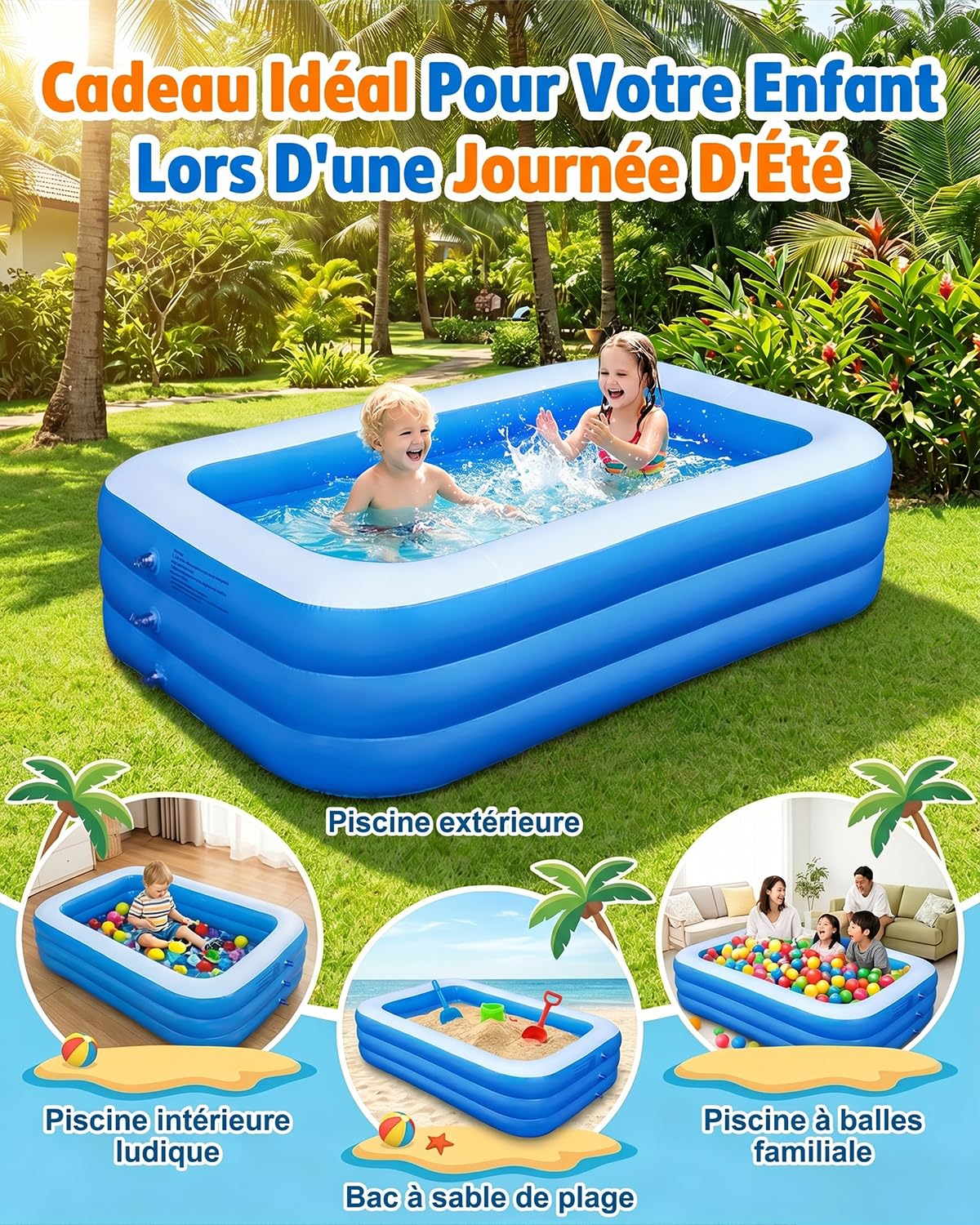 Piscine Gonflable Rectangulaire pour Enfants, 210 × 135 × 60 cm, Mini Piscine Bébé et Piscinette de Jardin, 3 Chambres à Air Renforcées – Idéale pour Terrasse, Jardin et Usage Extérieur