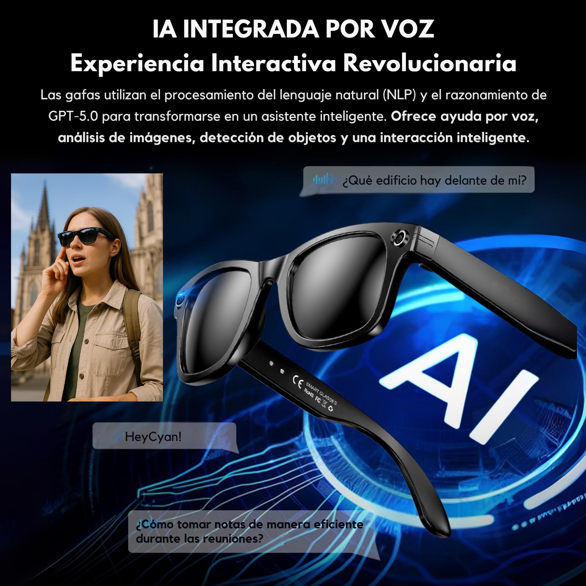 SMARTIA - Gafas inteligentes con cámara, Funda de Carga Portátil, Gafas de sol bluetooth, Manos libres con IA integrada por Voz, APP incluida en español, Smart glasses y Traductor 20 idiomas, 33 MP 4K