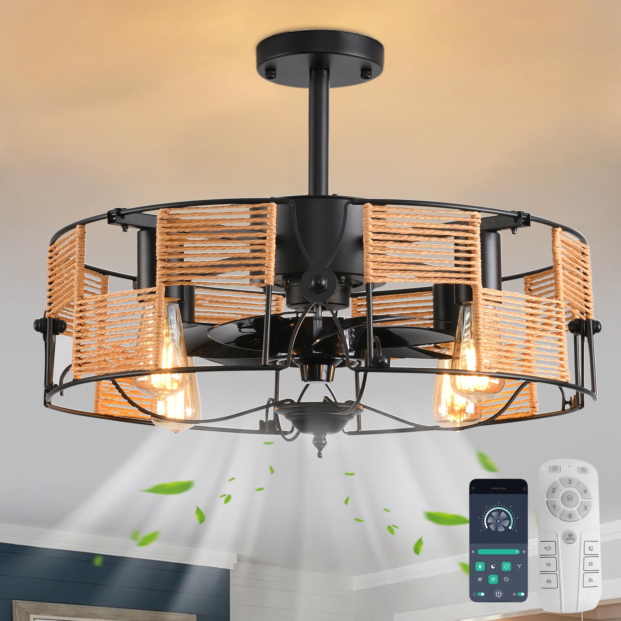 Ceiling Fans with Lights Industrial Style Farmhouse 49cm Chandeliers Boho Rattan Caged Lamp Hanging Pendant E27 with Remote Control Black 4 Lights