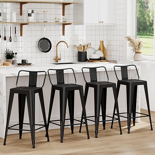 WENTMENT Metal Bar Stools Set of 4 Counter Height Bar Stools Black Barstools with Removable Back 26" Kitchen Bar Stools