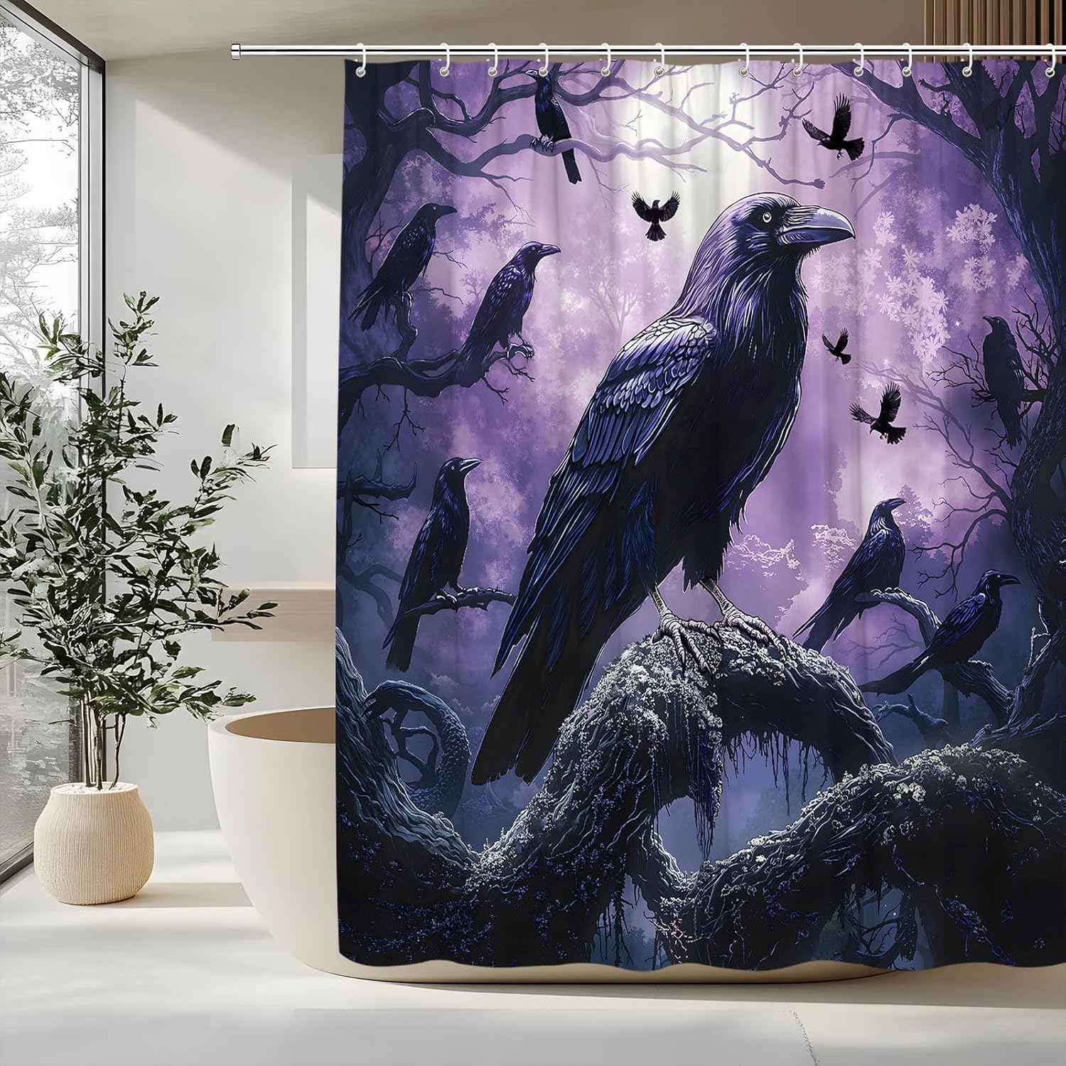 Crow Shower Curtain Gothic Purple Halloween Black Raven Goth Crow on Branch Tree Full Moon Misty Forest Horror Bat Gothic Watercolor Scary Mysterious Animal Decorative Curtain with Polyester Fabric