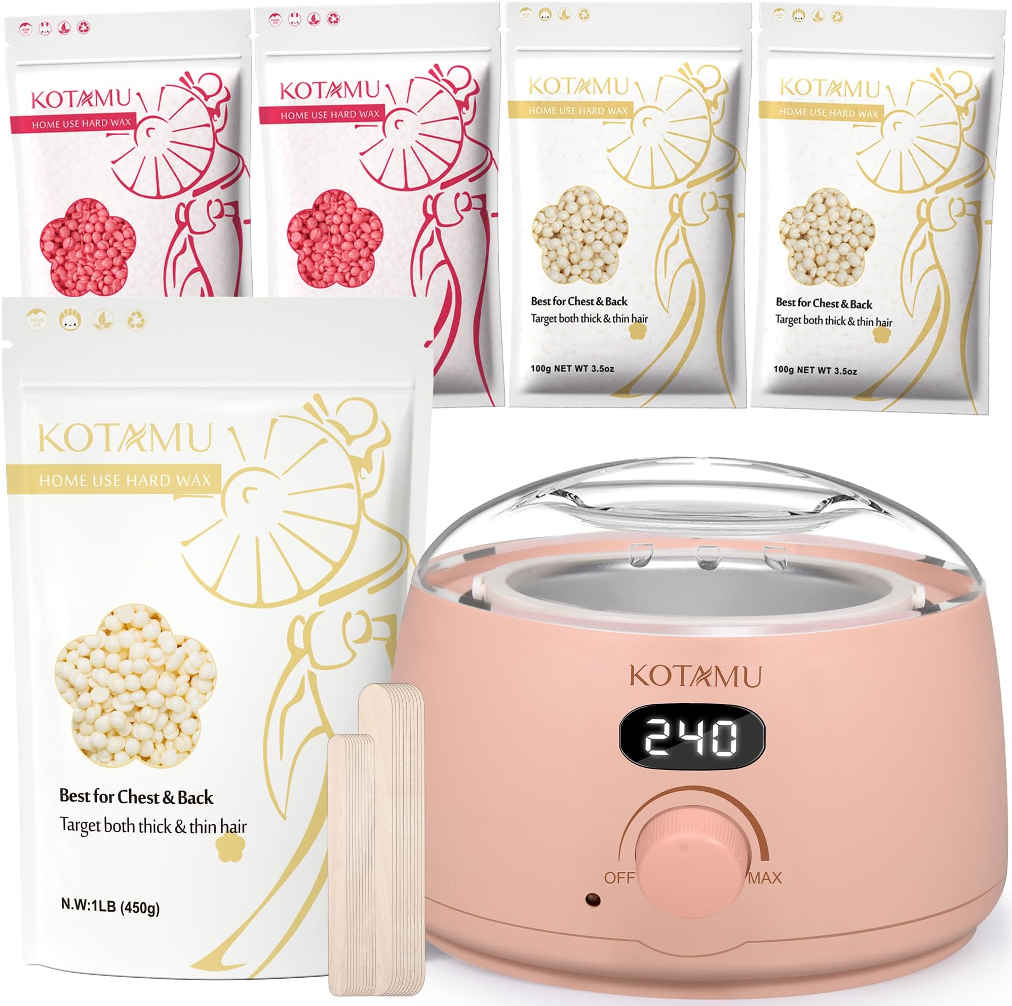 KOTAMU Pink Hair Removal Wax Kit for Women & Men, Digital Waxing Kit with 1lb Cream Wax Beads for Chest Back Leg Bikini Brazilian Waxing, Perfect Use at Home & Salon