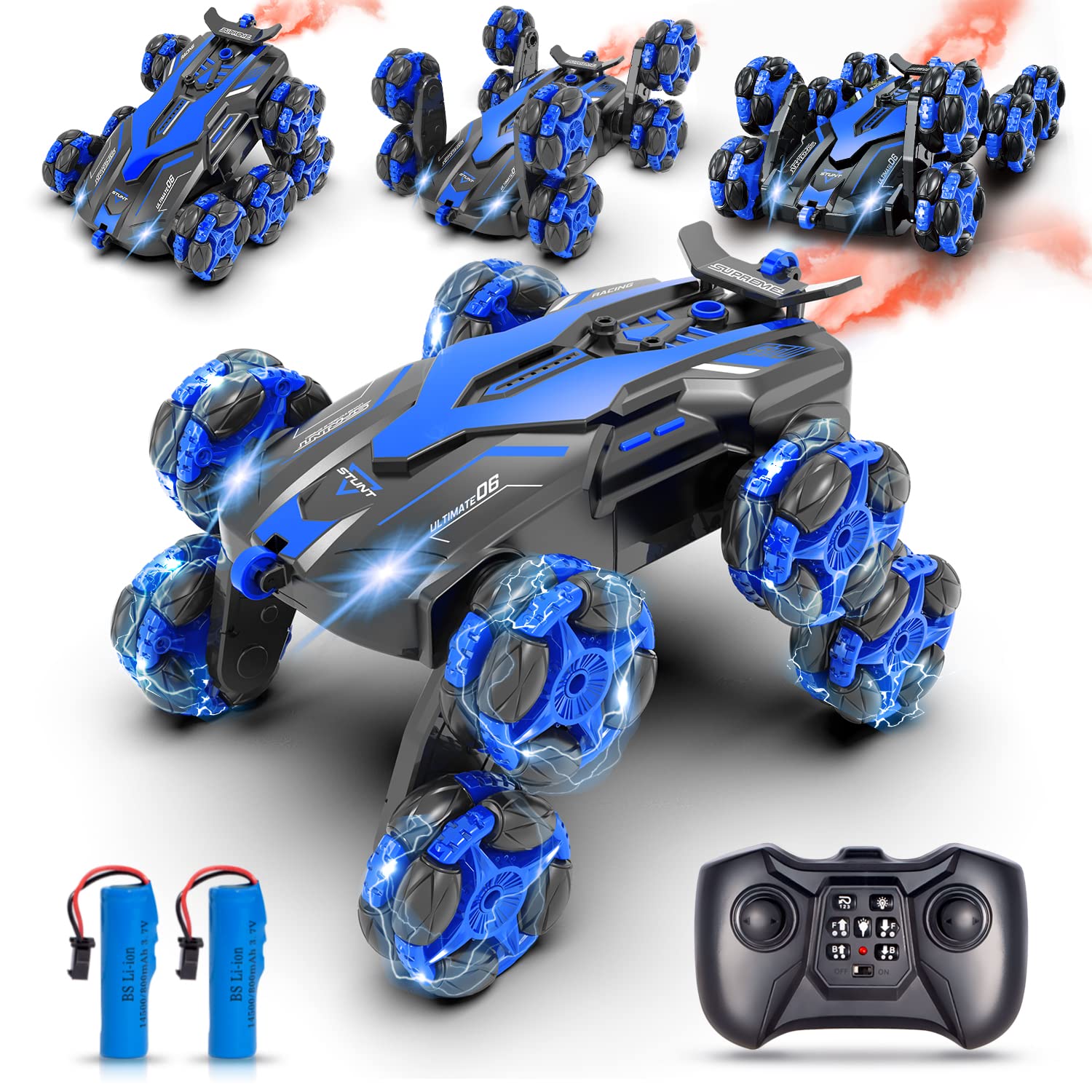 Voiture RC Tout Terrain 1:16 avec Spray et Lumières LED, 2.4GHz, Stunt Drift 360°, Jouet Garçon et Fille 4-10 Ans