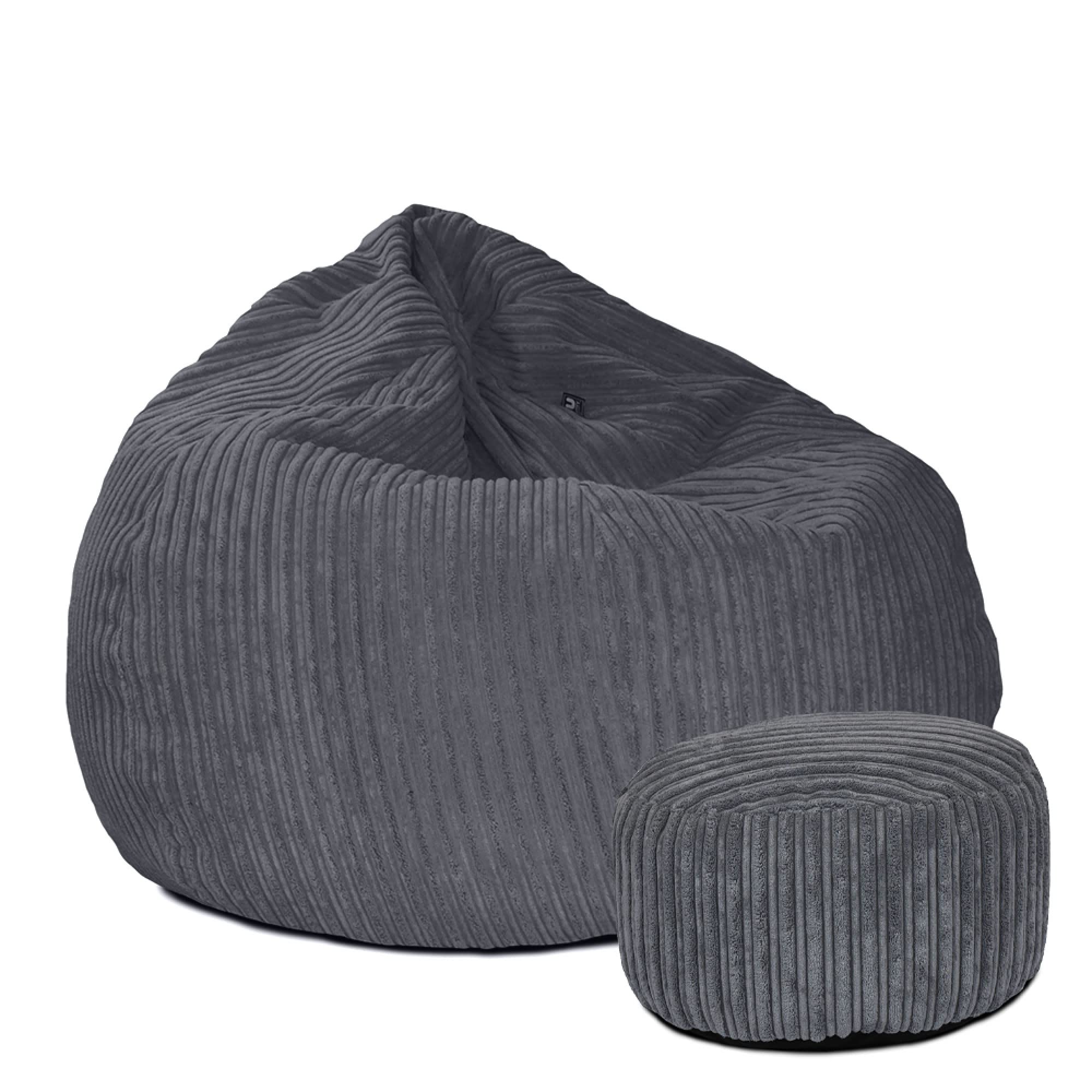 rucomfy Beanbags Slouchbag Large Corduroy Bean Bag Chair - Adult Bean Bag with Filling - Home Furniture Seating for Living Room or Bedroom - Machine Washable - 80 x 110cm (Slate Grey, with Footstool) โ image 1
