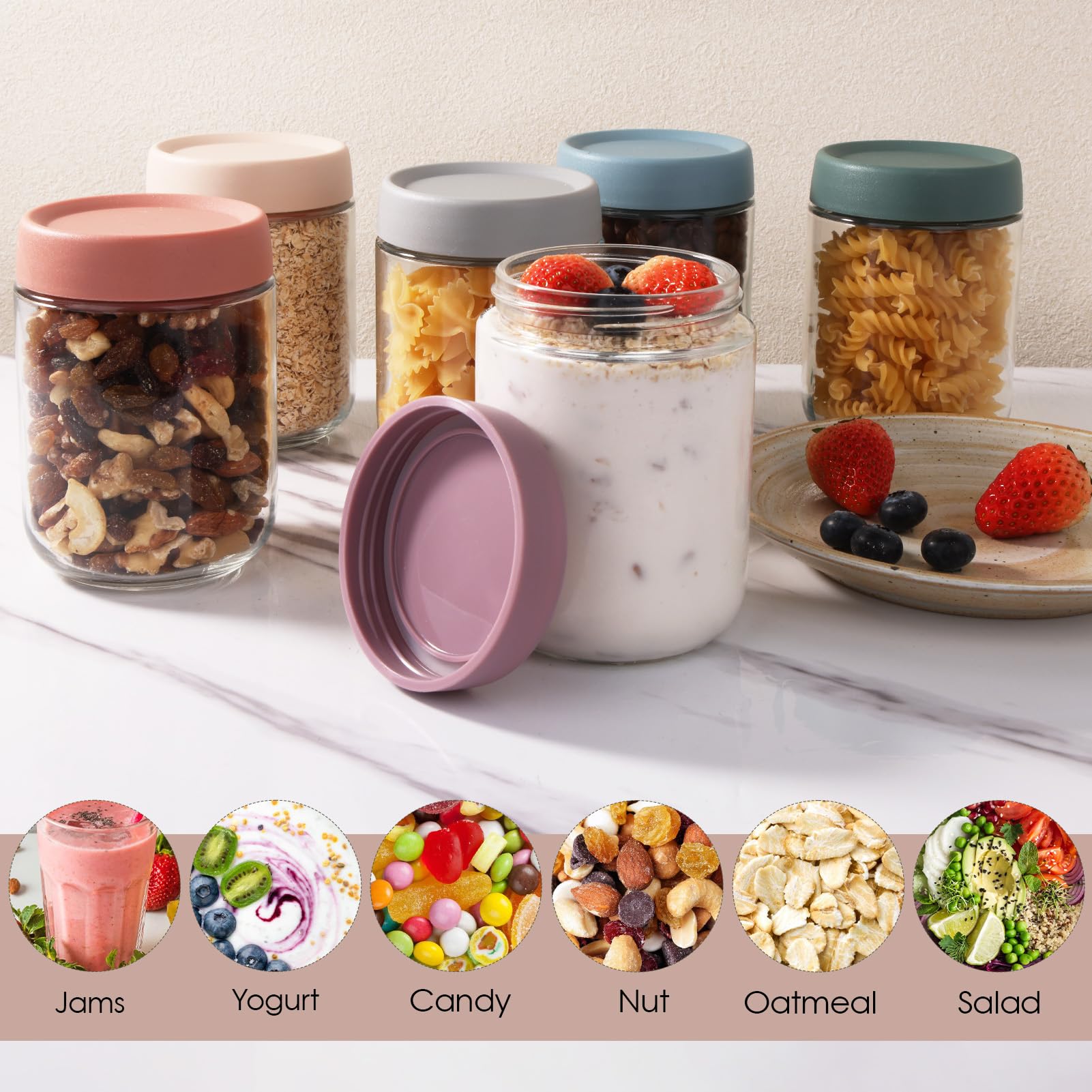 FoiiLiio 6 Tarros de Cristal con Tapa,500ML Overnight Oats Jar,Tarros de Avena Nocturna con tapa de rosca,Mason Jars Tarros de Yogur,tarros de Comida Preparada para yogur,cereales,gachas