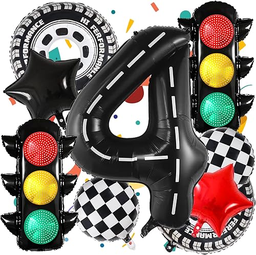 Vista 8 de 9 globos de auto de carreras, globos de circuito número 2 de 40 pulgadas, globos de semáforo, suministros de decoración de fiesta temática de auto
