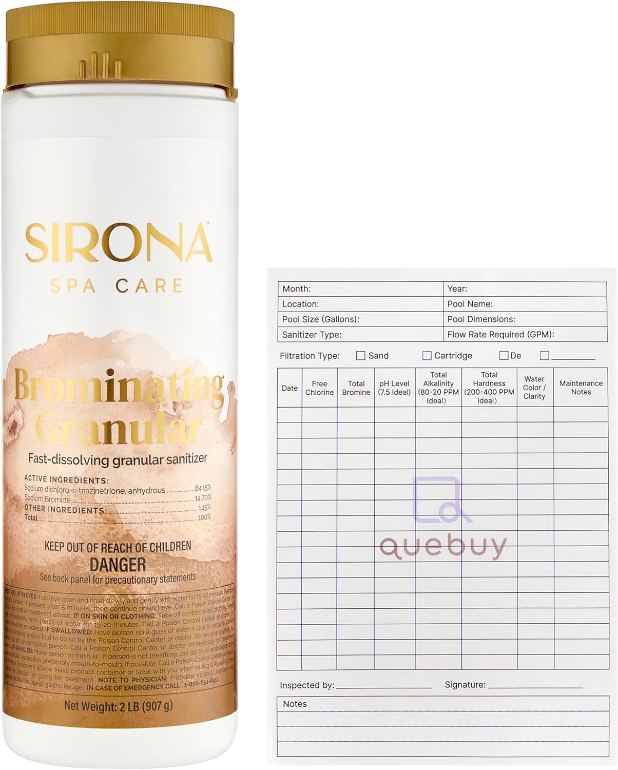 Sirona Spa Care 82143 Brominating Granular 2 lbs – Fast-Dissolving Spa & Hot Tub Sanitizer – One-Step Shock & Clarifier – Includes QueBuy Pool Maintenance Log Book – Compatible with Bromine Systems