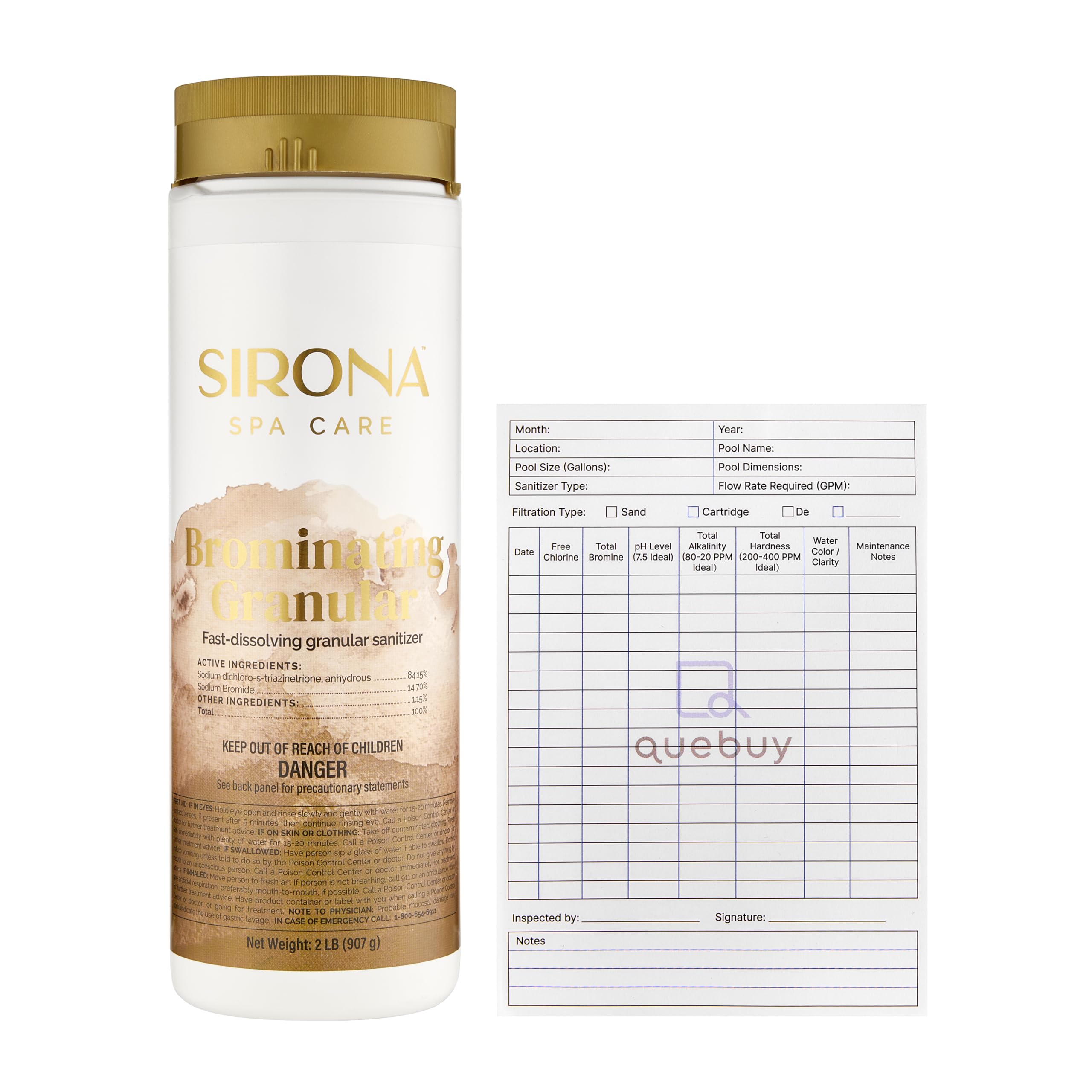 - Sirona Spa Care 82143 Brominating Granular 2 lbs – Fast-Dissolving Spa & Hot Tub Sanitizer – One-Step Shock & Clarifier – Includes QueBuy Pool Maintenance Log Book – Compatible with Bromine Systems