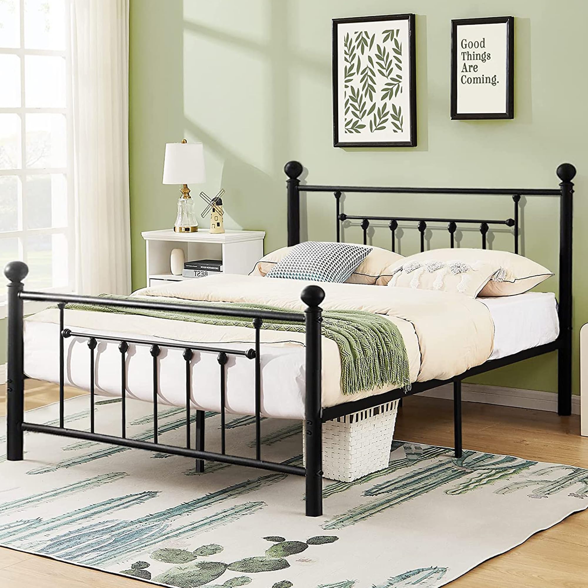 VECELO Full Size Metal Platform Bed Frame with Headboard and Footboard, Heavy Duty Slat Support/No Box Spring Needed Mattress Foundation/Underbed Storage Space, Victorian Style