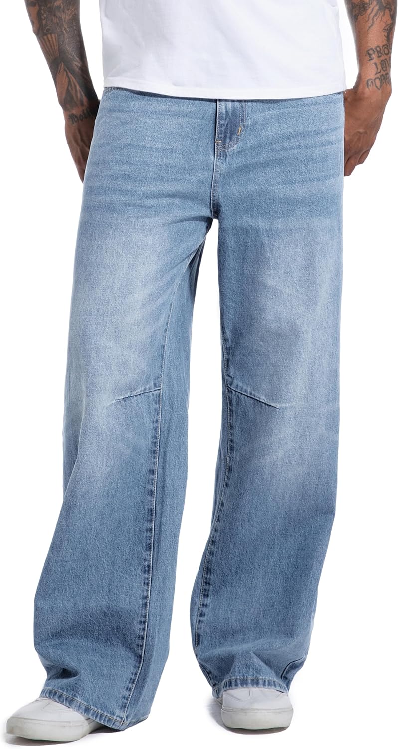 MZNBURAM Men's Non-Stretch Loose Fit Wide-Leg Super Baggy Long Jeans Denim Pants
