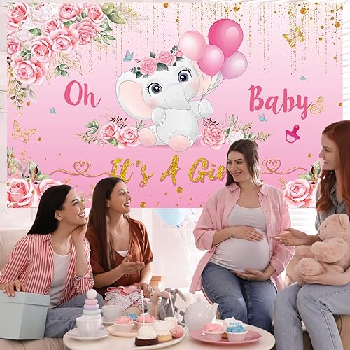 Miniatura 5 de Cartel de fondo de baby shower para niña, decoraciones de baby shower para niña, pancarta de "It's A Girl", decoraciones de elefante para baby