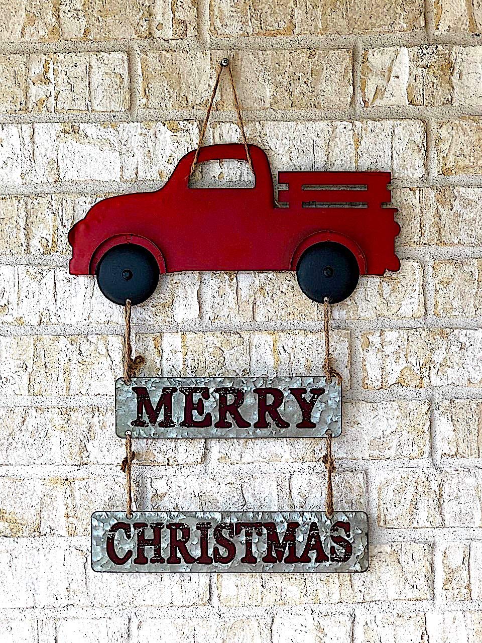 Merry Christmas metalowa antyczna ciężarówka rustykalna dekoracja świąteczna na ścianę drzwi wejściowych do wewnątrz na zewnątrz 45 cm x 36 cm (czerwony)