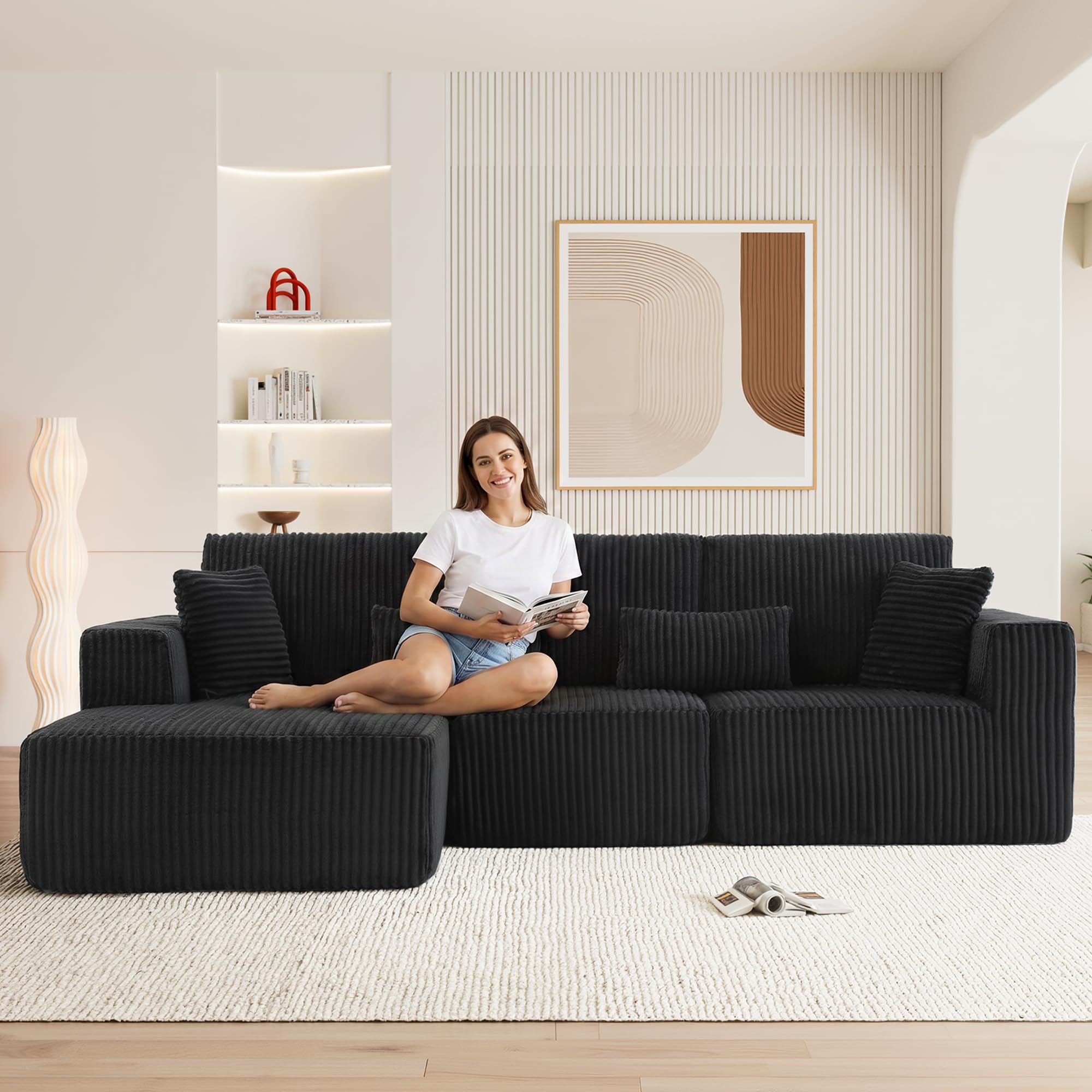 ((incomplete only 1 pcs ) (Similar)) 108" Boneless Cloud Sectional Couches for Living Room, Comfy Fluffy L Shaped Memory Foam Deep Seat Boneless Couch, Modular Sectional Sofa with Left Facing Chaise, Dark Black