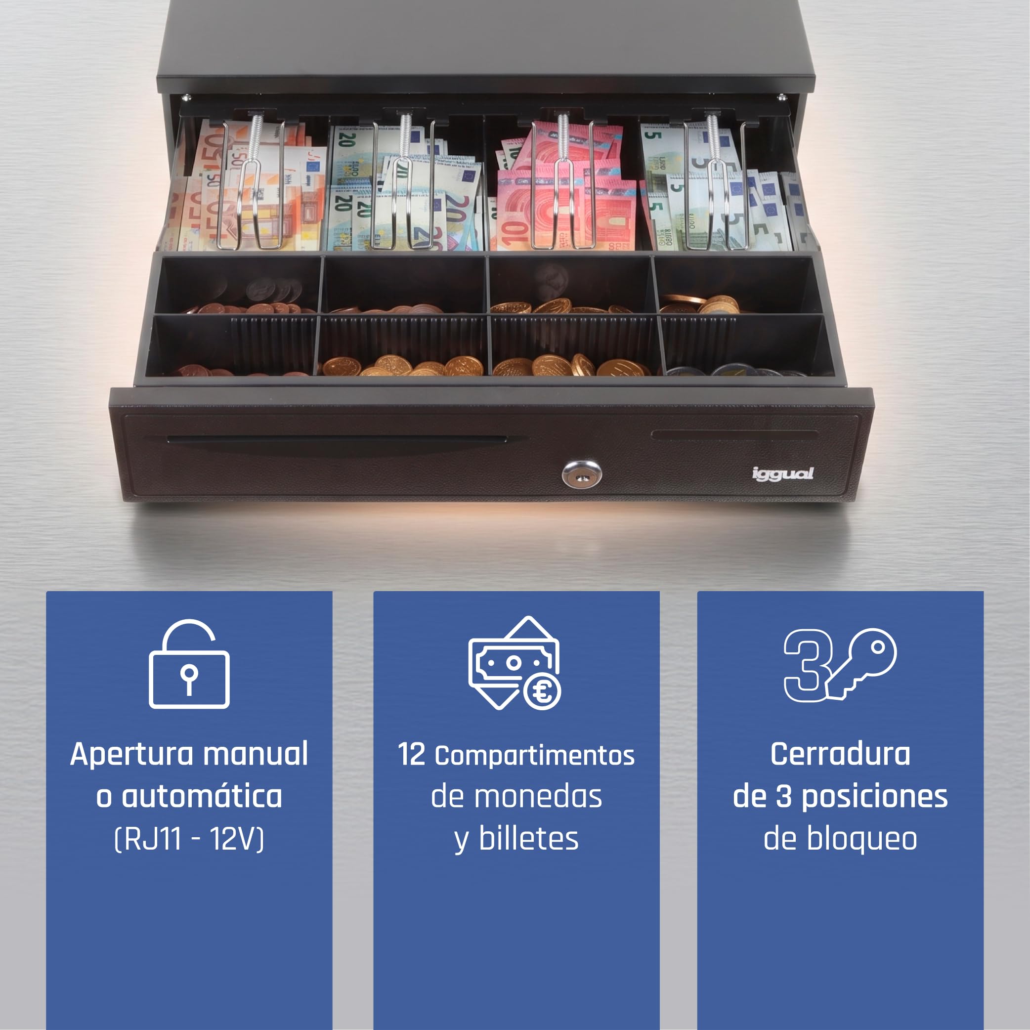 iggual Tiroir porte-monnaie IRON-20 caisse enregistreuse RJ11 12V 42 x 40,5 x 10 cm