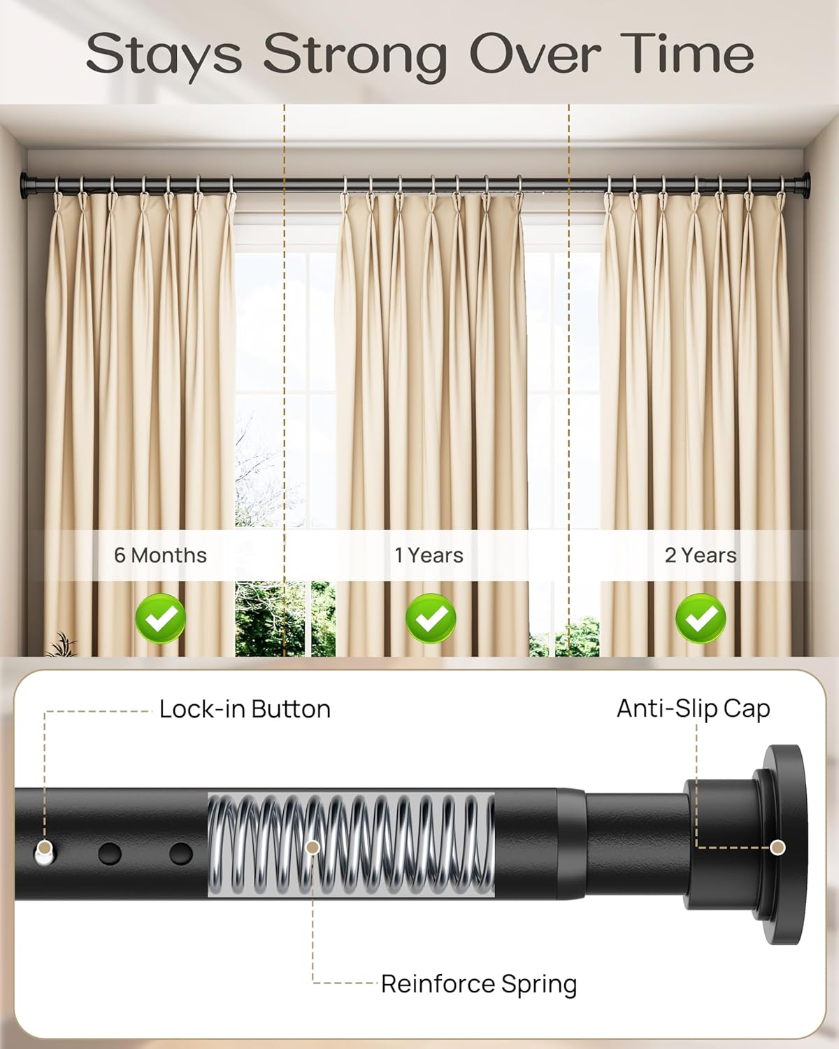 Tension Curtain Rod by EZFurni, 42 to 123 Inch, Heavy Duty Tension Rod for Windows, Anti-Slip Black Curtain Rod Spring Tension, Adjustable Spring Loaded Curtain Rods No Drilling, Easy Install