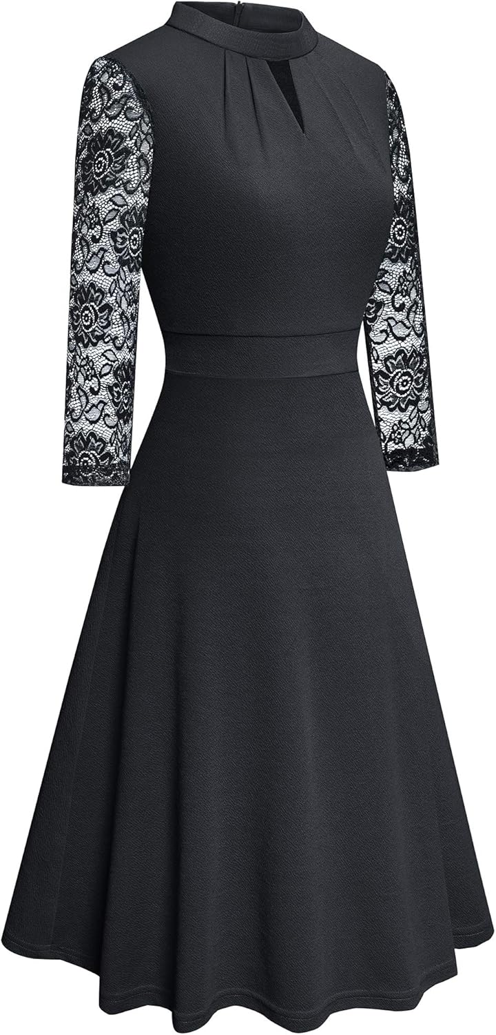 HOMEYEE Women's Round Neck Hollow Out Lace Patchwork Retro Party Dresses A234 - Image 3