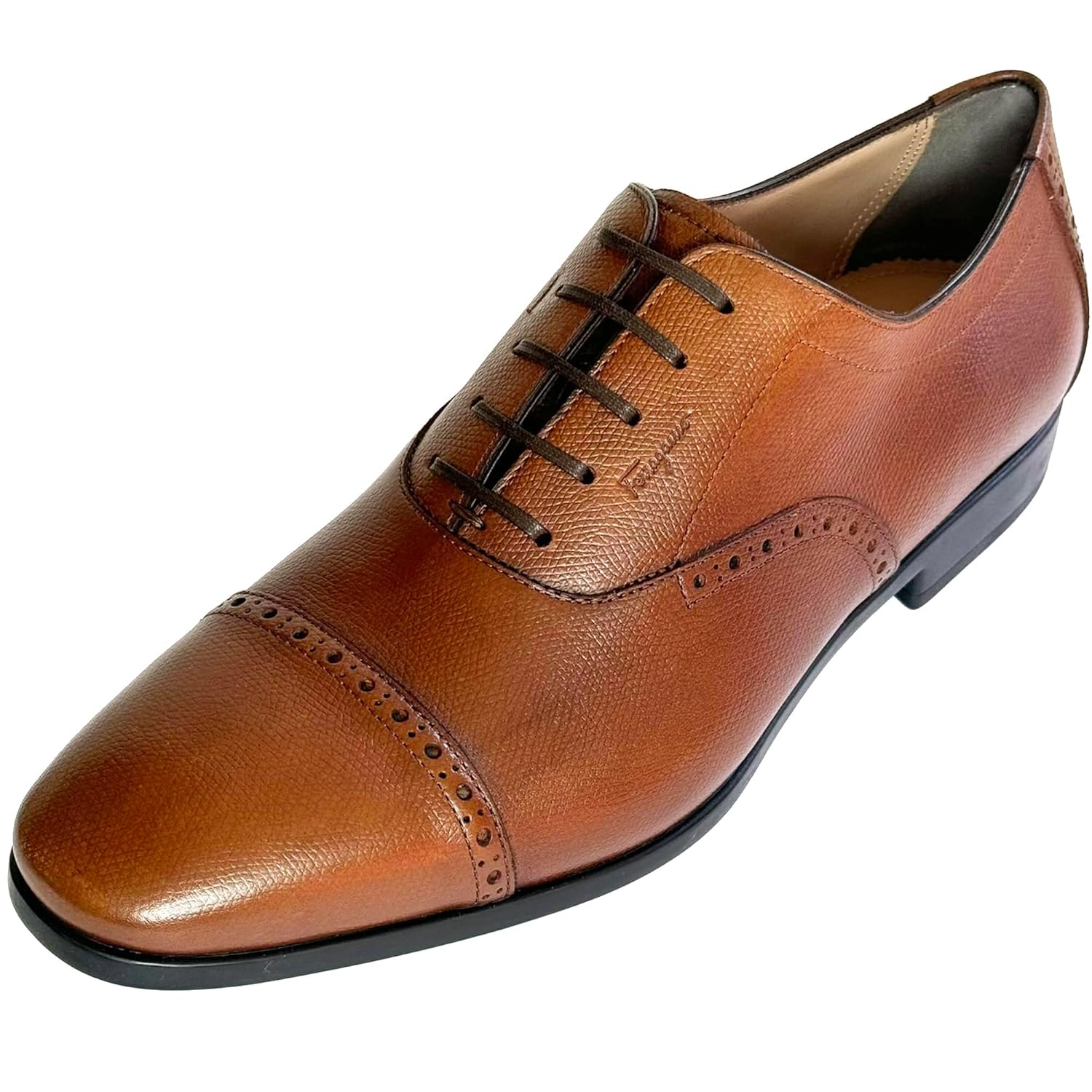 Ferragamo Genuine Riley Brown Leather Cap Toe Embossed Signature Oxford Mens Dress Shoes Salvatore
