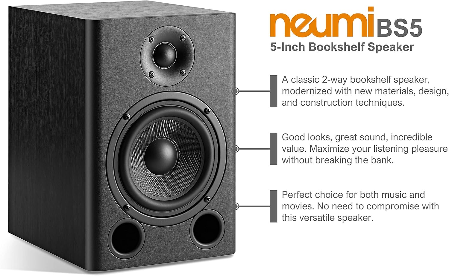 NEUMI BS5 Passive Bookshelf Speakers, 5-Inch Woofer, 1-Inch Tweeter, Dark Wood, 1 Pair (Renewed)