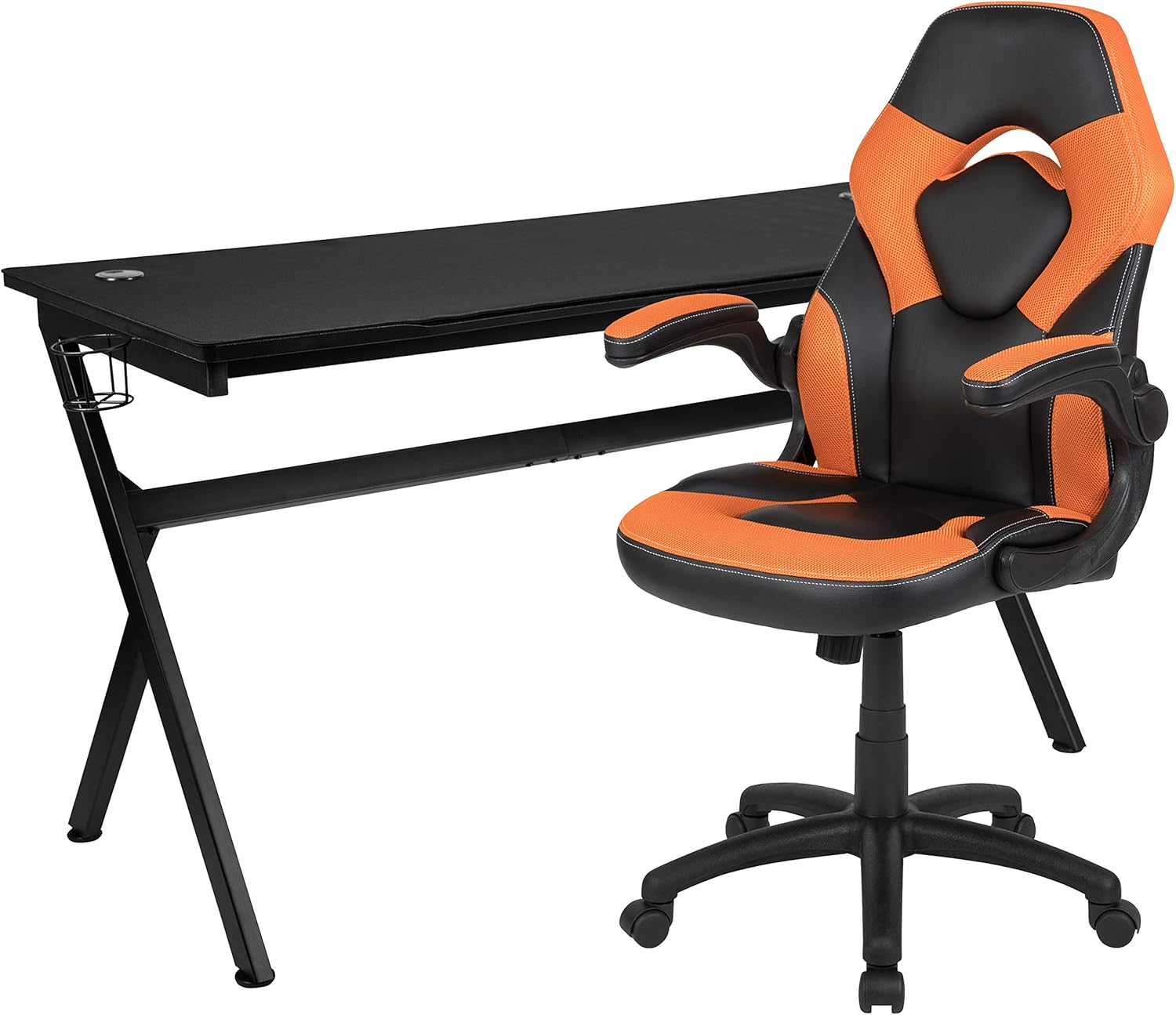 Flash Furniture Gaming Desk and Orange/Black Racing Chair Set /Cup Holder/Headphone Hook/Removable Mouse Pad Top - 2 Wire Management Holes